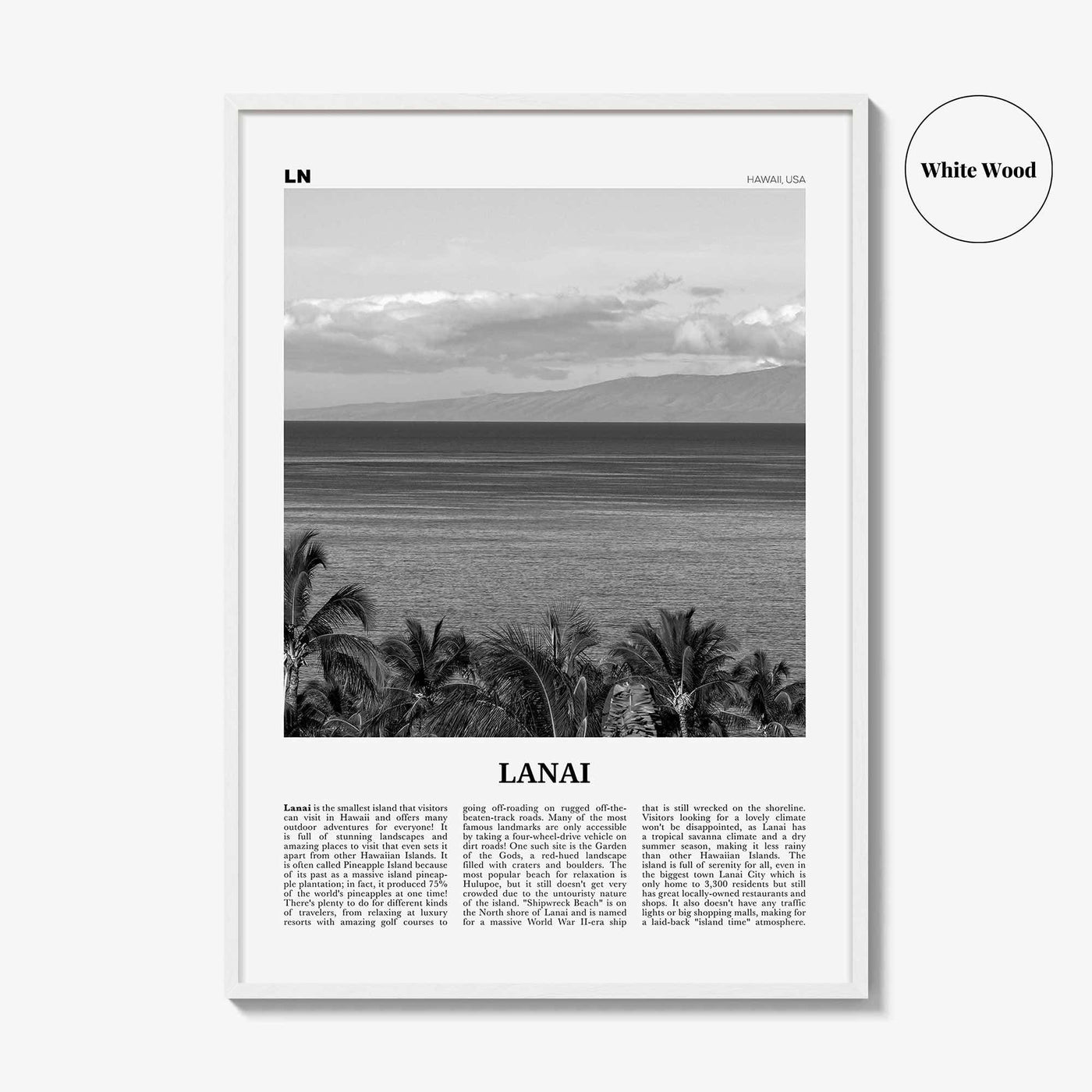Lanai Print Black and White, Lanai Wall Art, Lanai Poster, Lanai Photo, Lanai Wall Décor, Lanai Map, Hawaii, USA