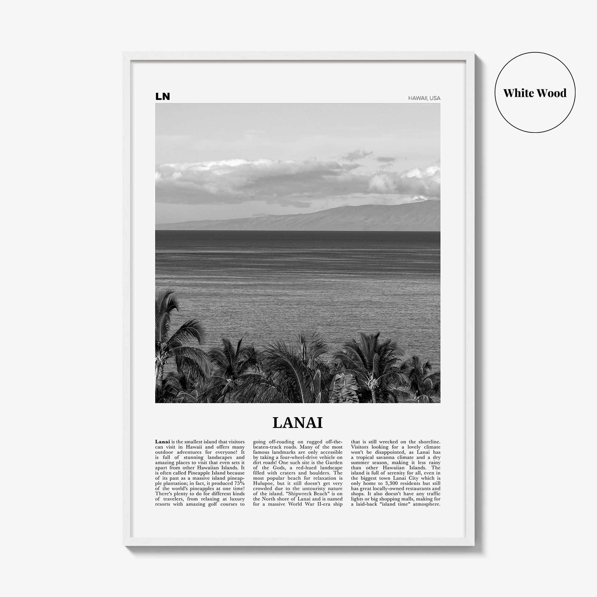 Lanai Print Black and White, Lanai Wall Art, Lanai Poster, Lanai Photo, Lanai Wall Décor, Lanai Map, Hawaii, USA