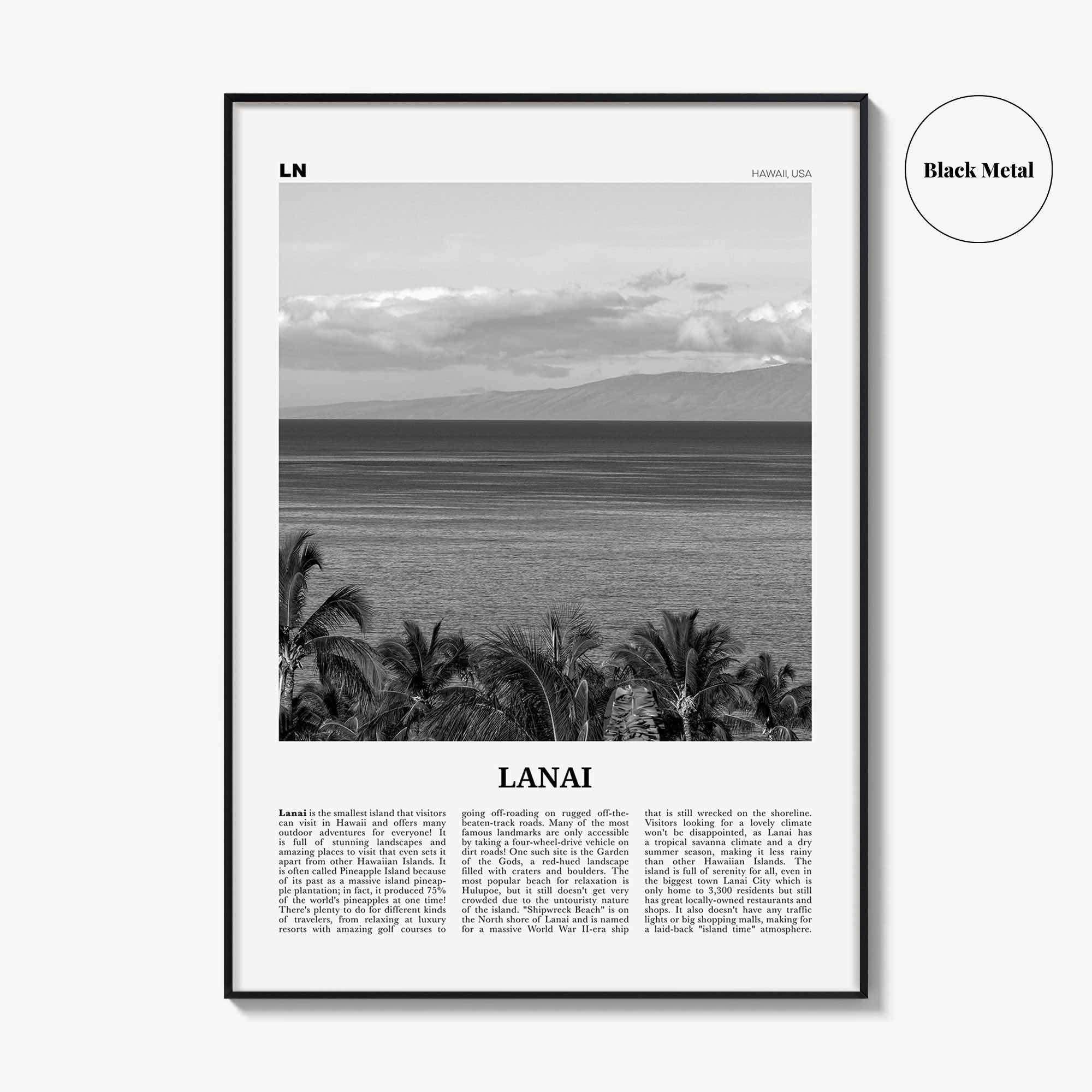 Lanai Print Black and White, Lanai Wall Art, Lanai Poster, Lanai Photo, Lanai Wall Décor, Lanai Map, Hawaii, USA