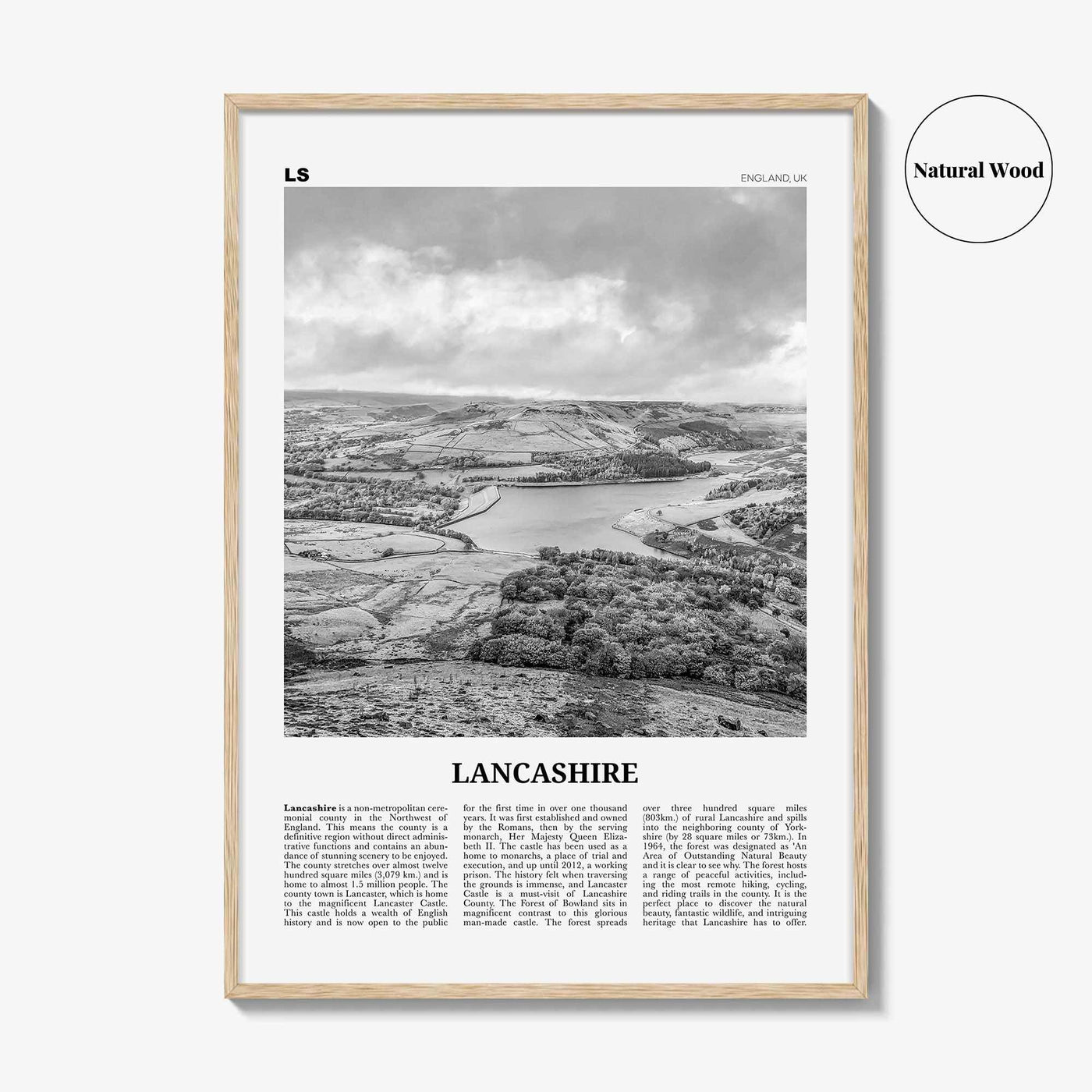 Lancashire Print Black and White, Lancashire Wall Art, Lancashire Poster, Lancashire Photo, Lancashire Map, England, UK, United Kingdom