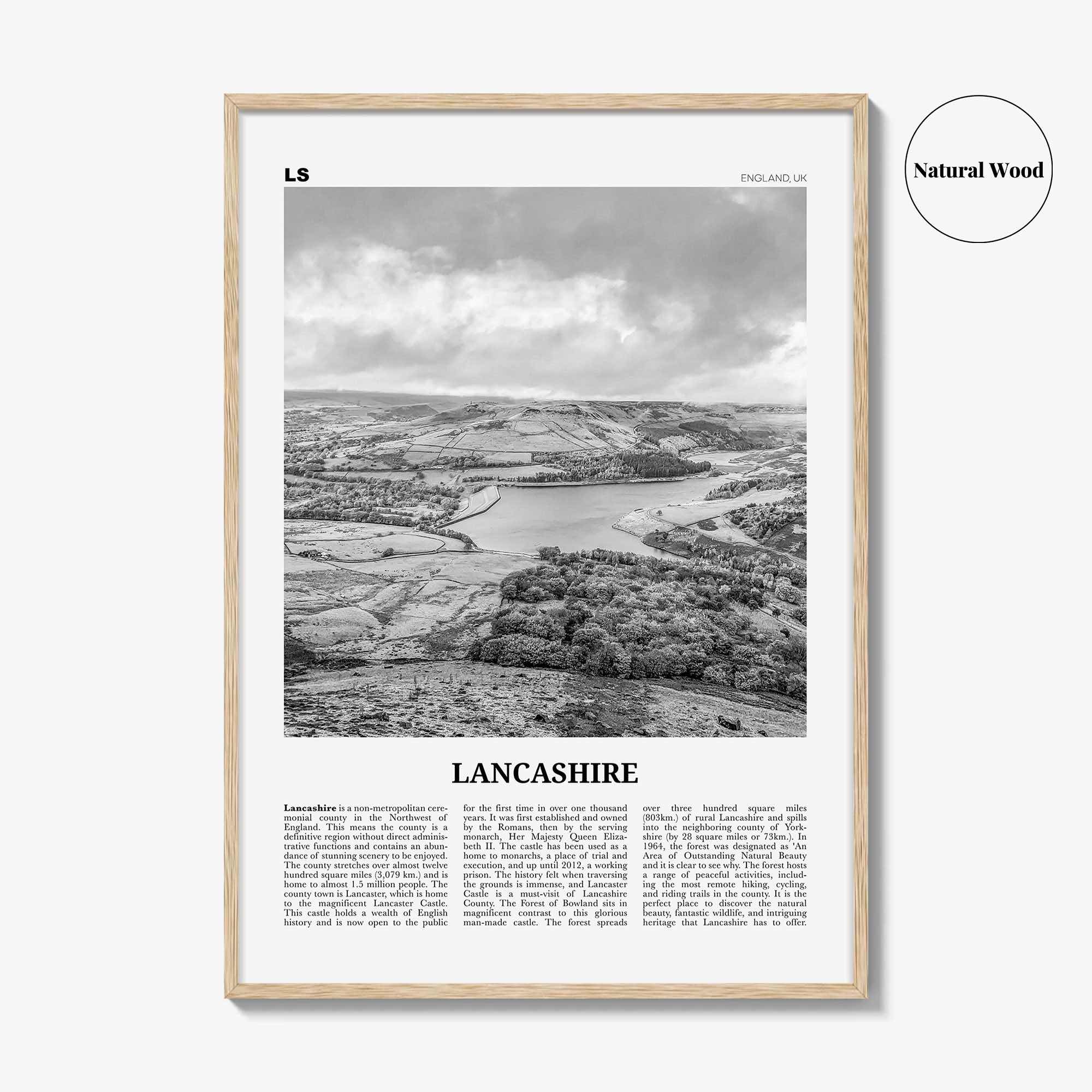 Lancashire Print Black and White, Lancashire Wall Art, Lancashire Poster, Lancashire Photo, Lancashire Map, England, UK, United Kingdom