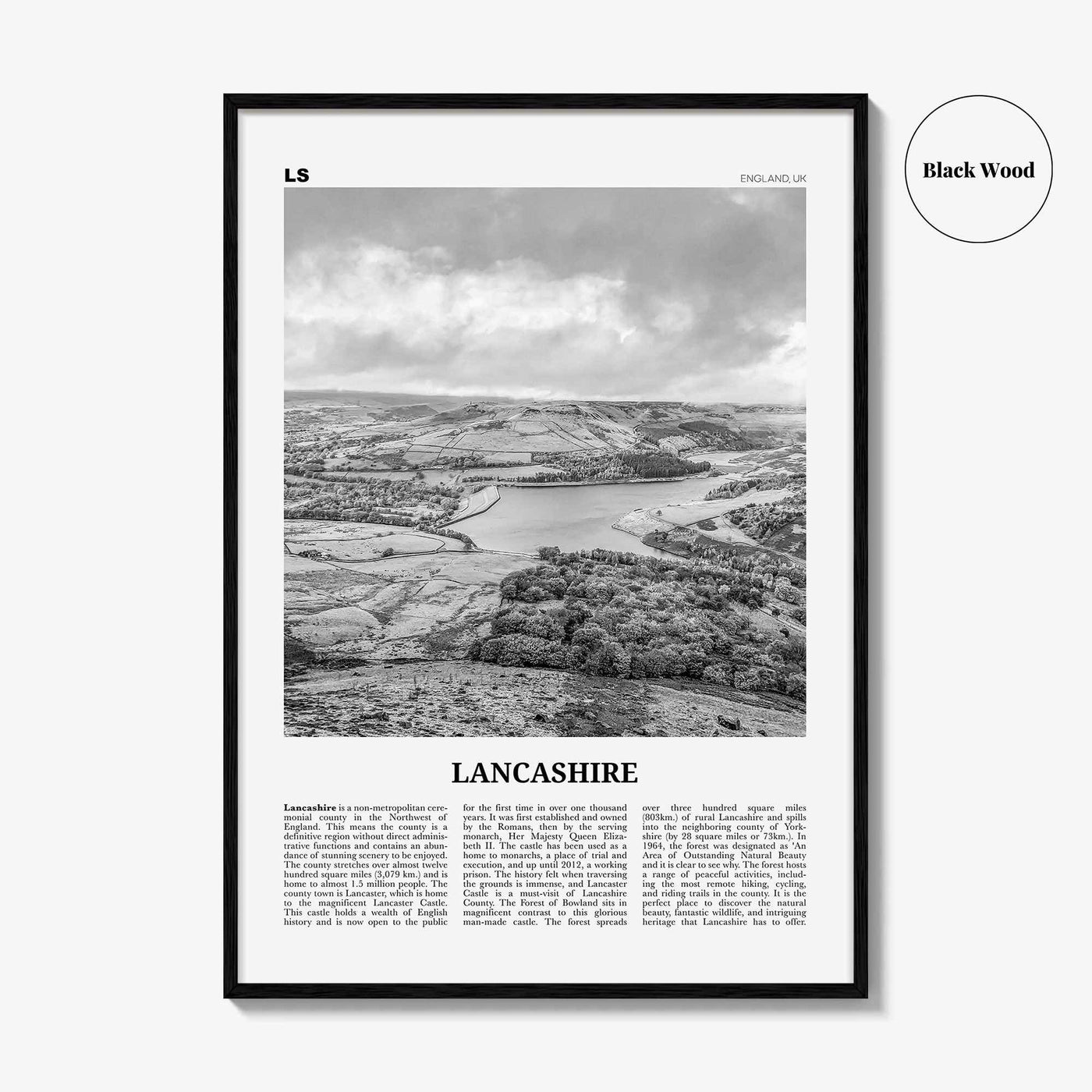 Lancashire Print Black and White, Lancashire Wall Art, Lancashire Poster, Lancashire Photo, Lancashire Map, England, UK, United Kingdom