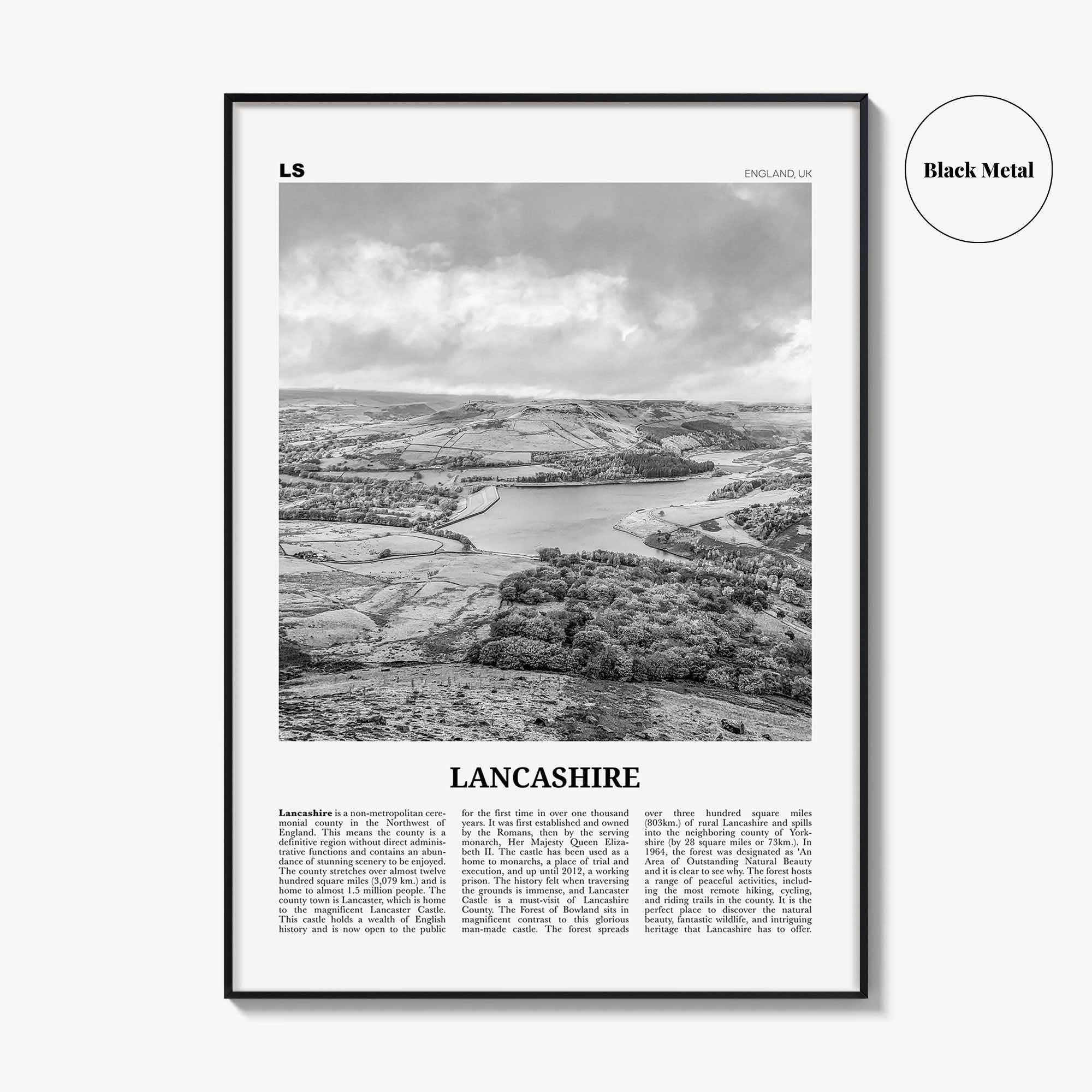 Lancashire Print Black and White, Lancashire Wall Art, Lancashire Poster, Lancashire Photo, Lancashire Map, England, UK, United Kingdom
