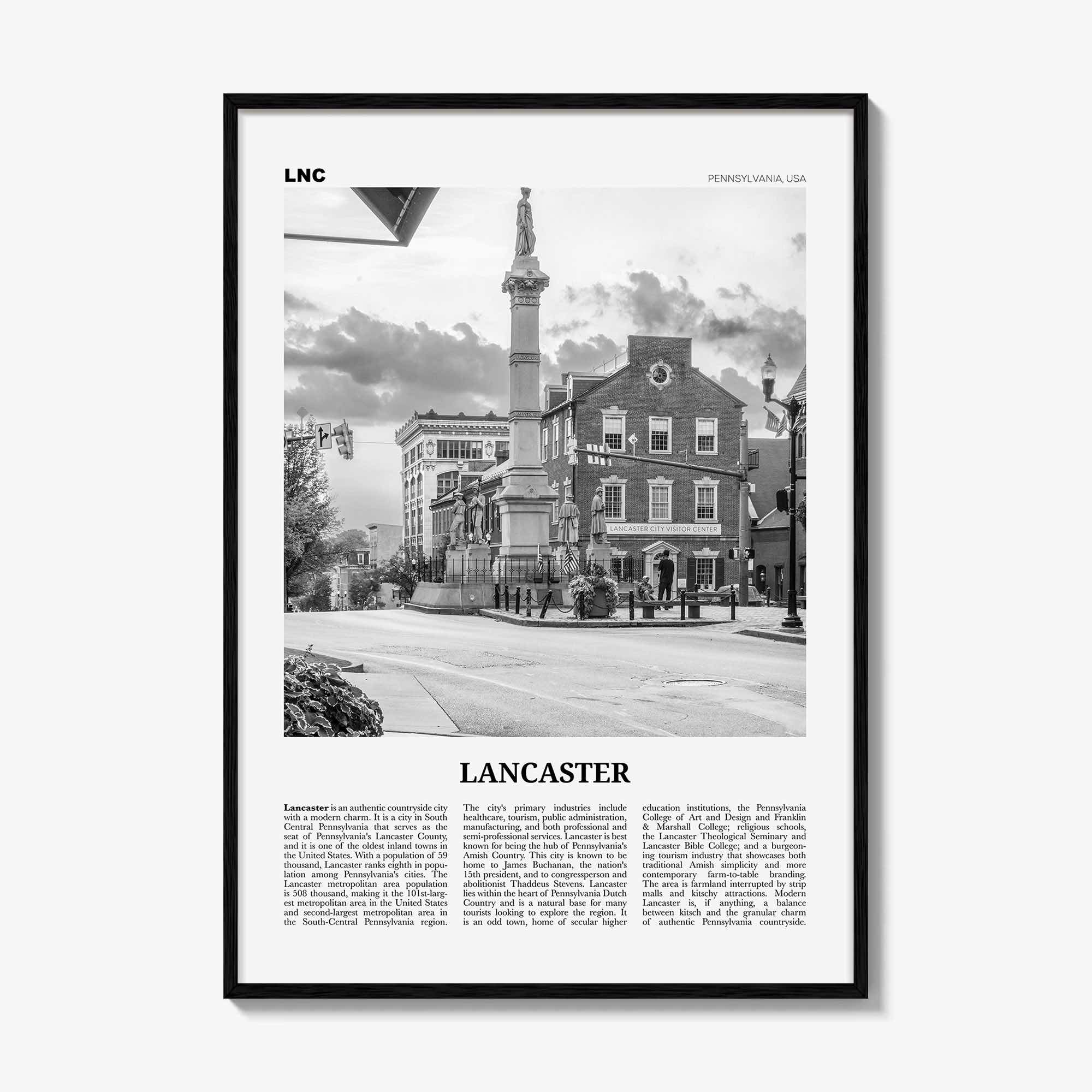 Lancaster Print Black and White Pennsylvania, Lancaster Wall Art, Lancaster Poster, Pennsylvania, USA, United States, North America