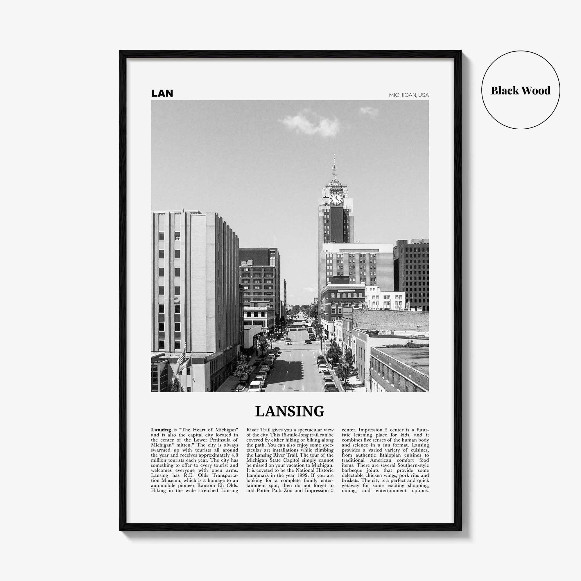 Lansing Print Black and White, Lansing Wall Art, Lansing Poster, Lansing Photo, Lansing Décor, Michigan, USA, United States, North America