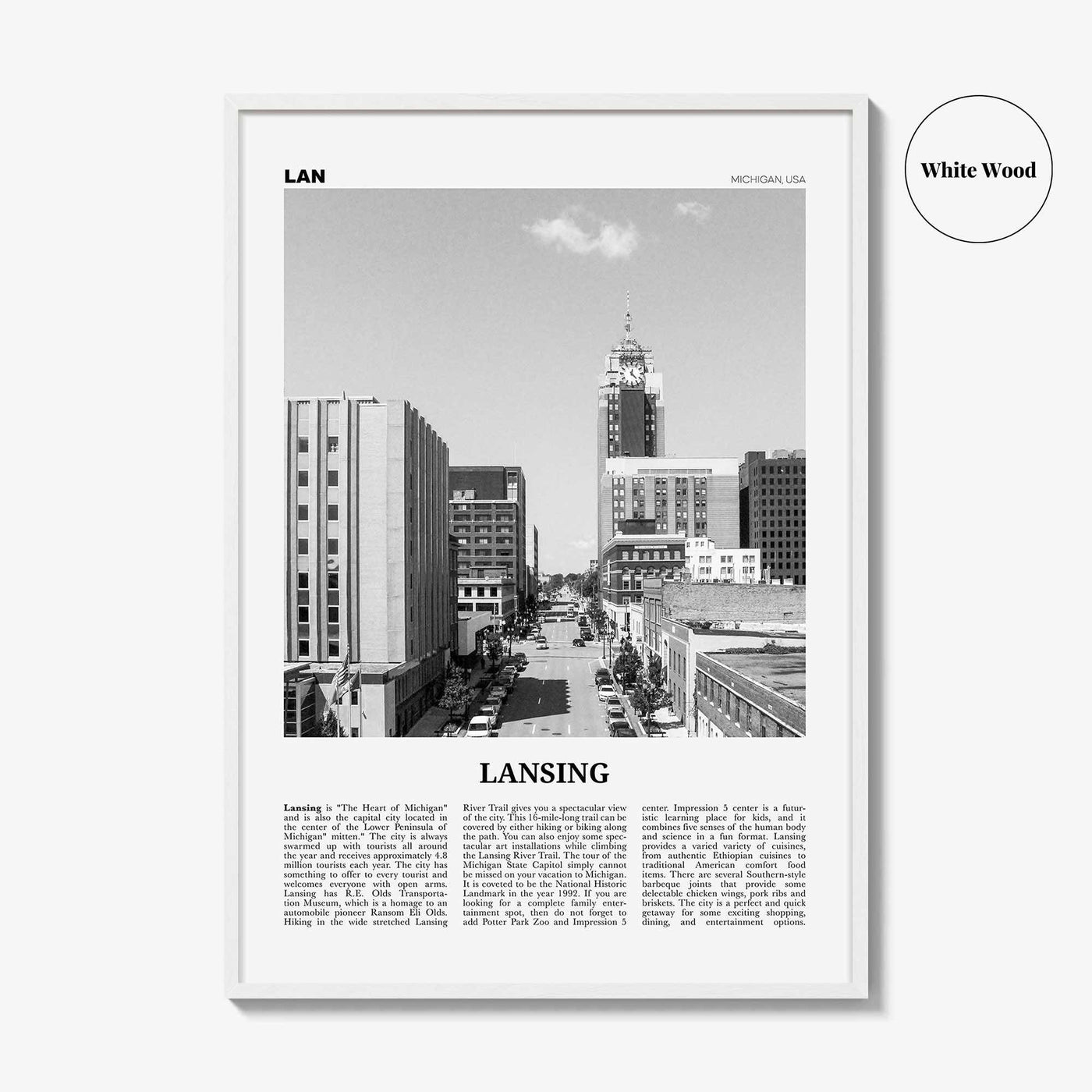 Lansing Print Black and White, Lansing Wall Art, Lansing Poster, Lansing Photo, Lansing Décor, Michigan, USA, United States, North America