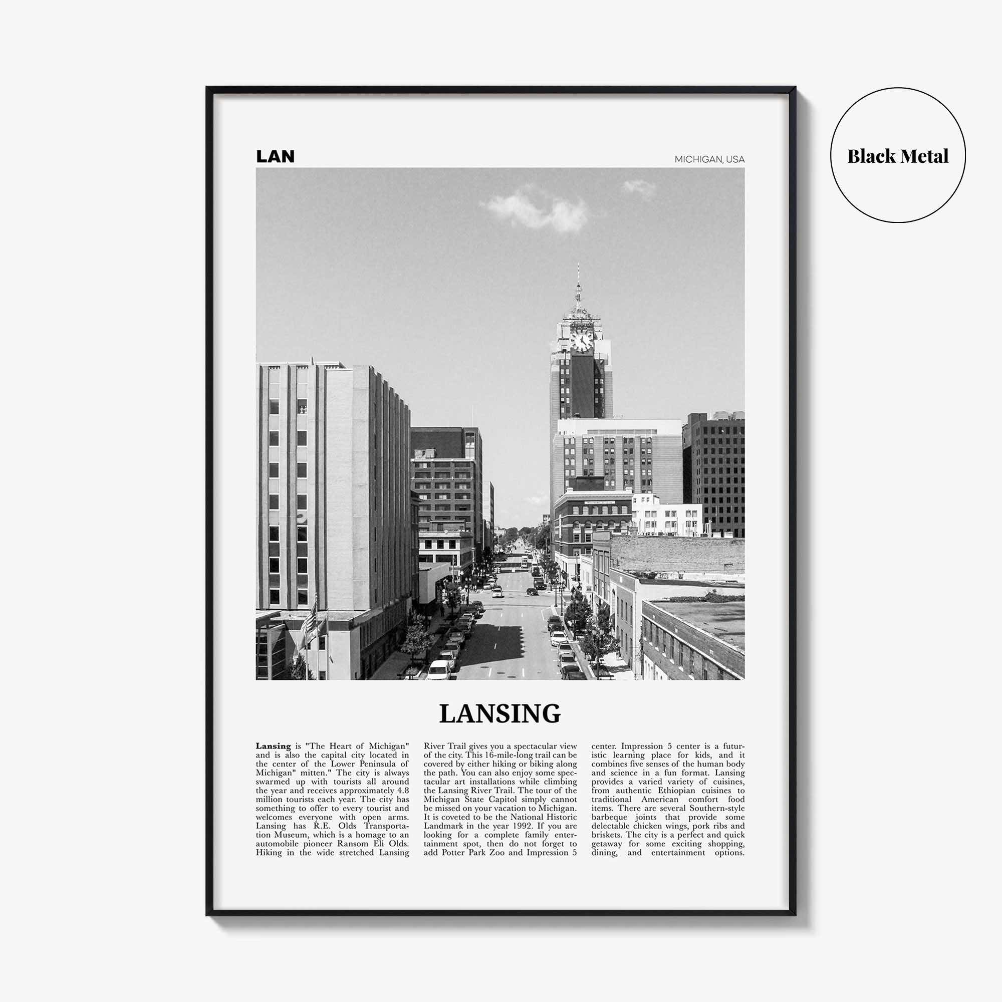 Lansing Print Black and White, Lansing Wall Art, Lansing Poster, Lansing Photo, Lansing Décor, Michigan, USA, United States, North America