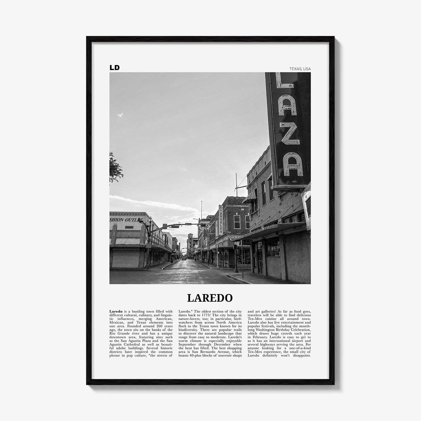 Laredo Print Black and White Texas, Laredo Wall Art, Laredo Poster, Laredo Photo, Laredo Wall Décor, Laredo Map, Texas, USA