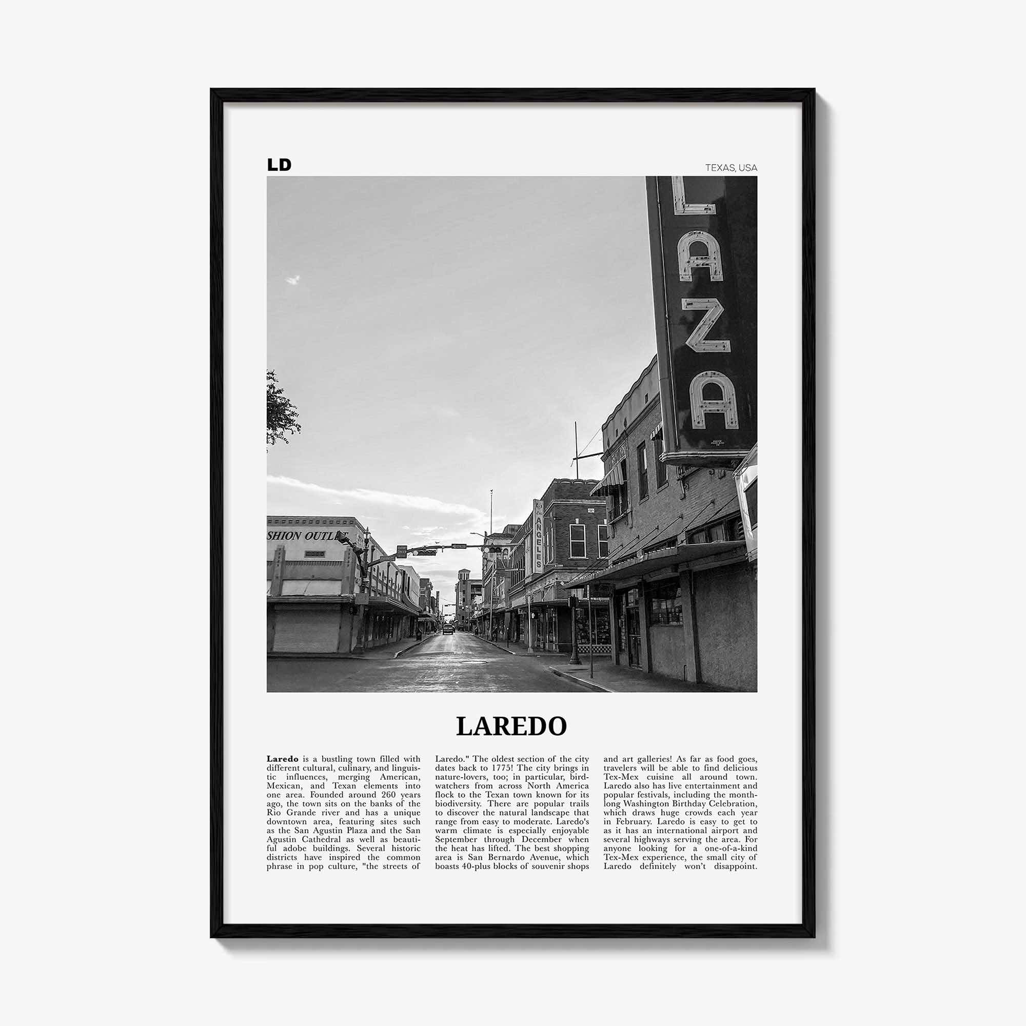 Laredo Print Black and White Texas, Laredo Wall Art, Laredo Poster, Laredo Photo, Laredo Wall Décor, Laredo Map, Texas, USA