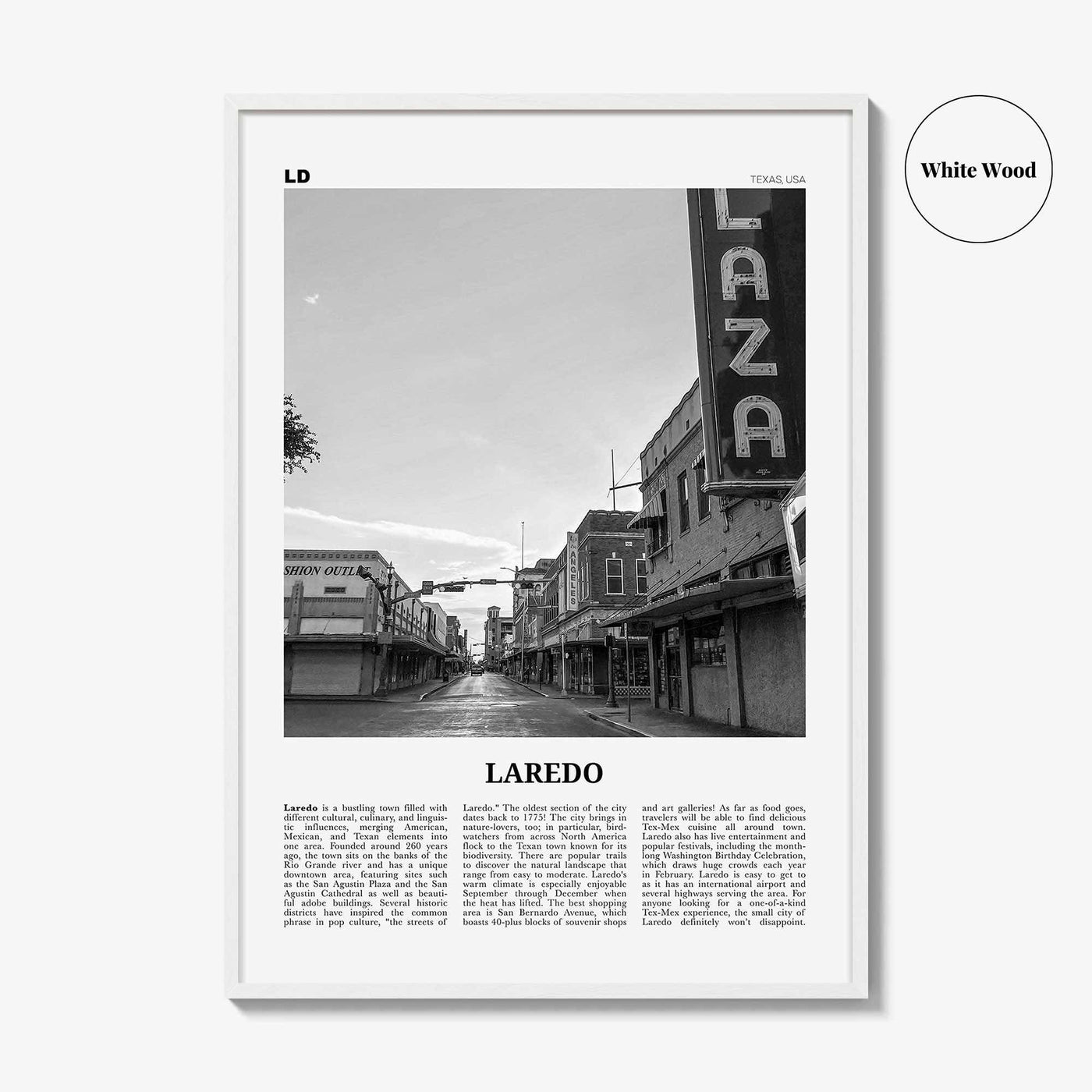 Laredo Print Black and White Texas, Laredo Wall Art, Laredo Poster, Laredo Photo, Laredo Wall Décor, Laredo Map, Texas, USA
