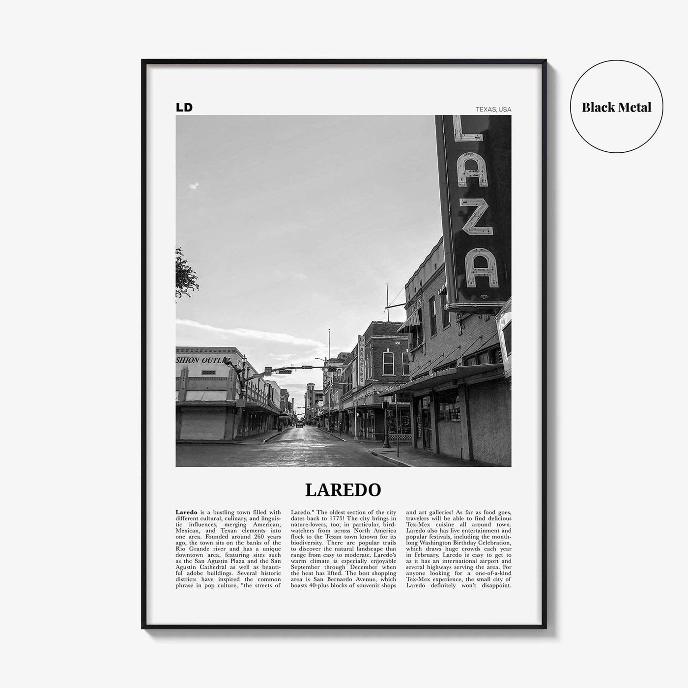 Laredo Print Black and White Texas, Laredo Wall Art, Laredo Poster, Laredo Photo, Laredo Wall Décor, Laredo Map, Texas, USA
