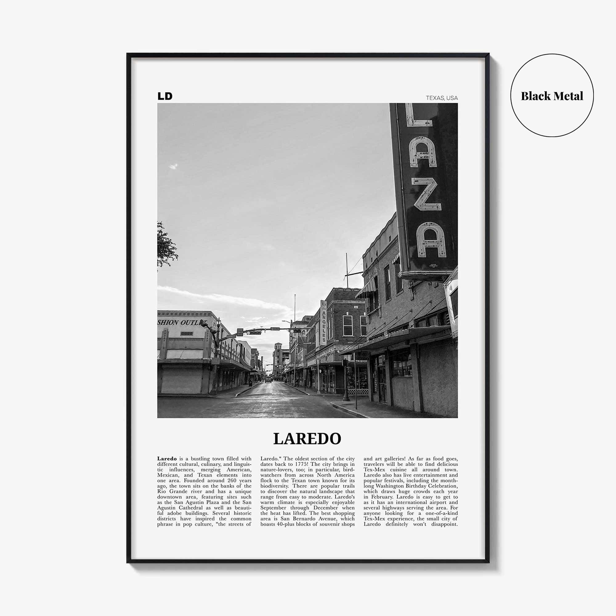 Laredo Print Black and White Texas, Laredo Wall Art, Laredo Poster, Laredo Photo, Laredo Wall Décor, Laredo Map, Texas, USA
