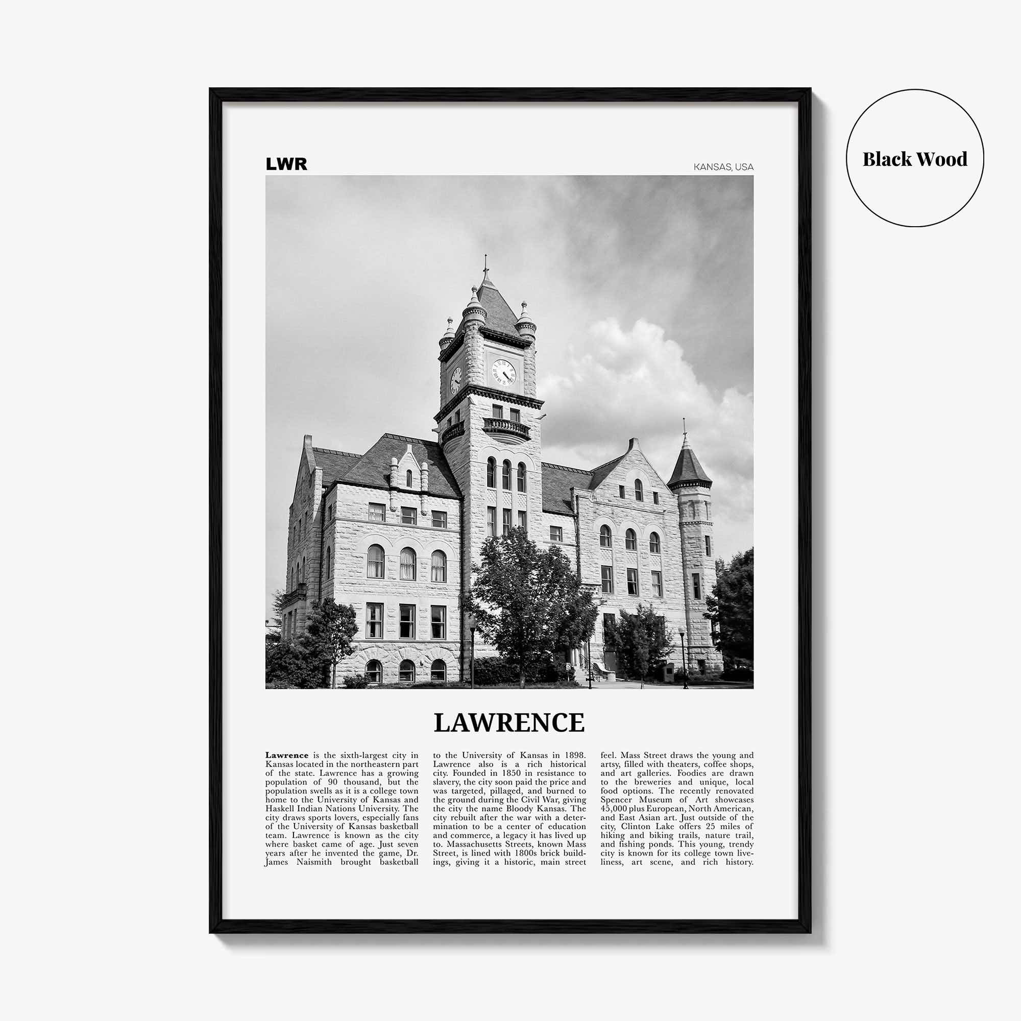 Lawrence Print Black and White Kansas, Lawrence Wall Art, Lawrence Poster, Lawrence Photo, Lawrence Wall Décor, USA, United States