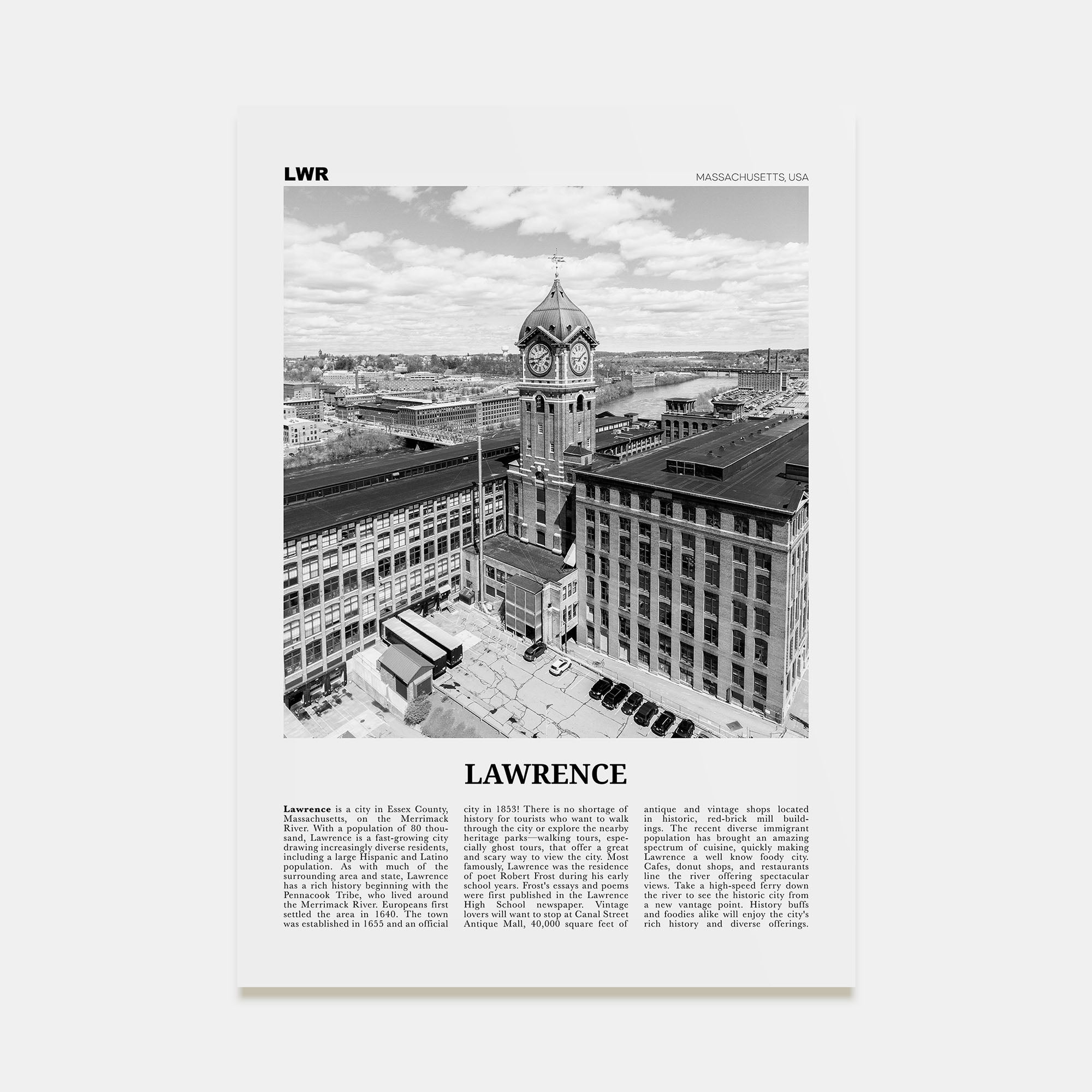 Lawrence, Massachusetts Travel B&W Poster