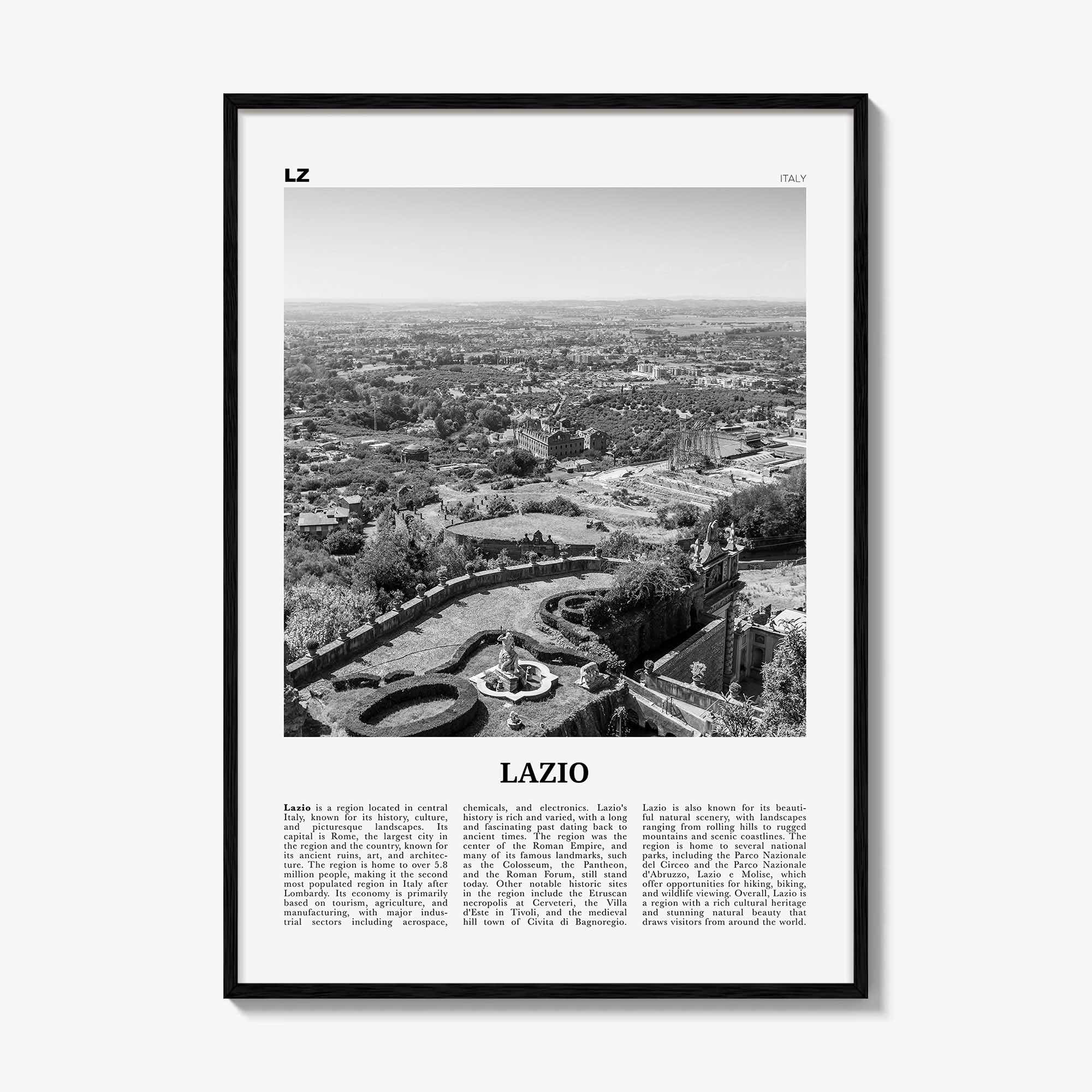 Lazio Print Black and White, Lazio Wall Art, Lazio Poster, Lazio Photo, Lazio Wall Décor, Lazio Map, France