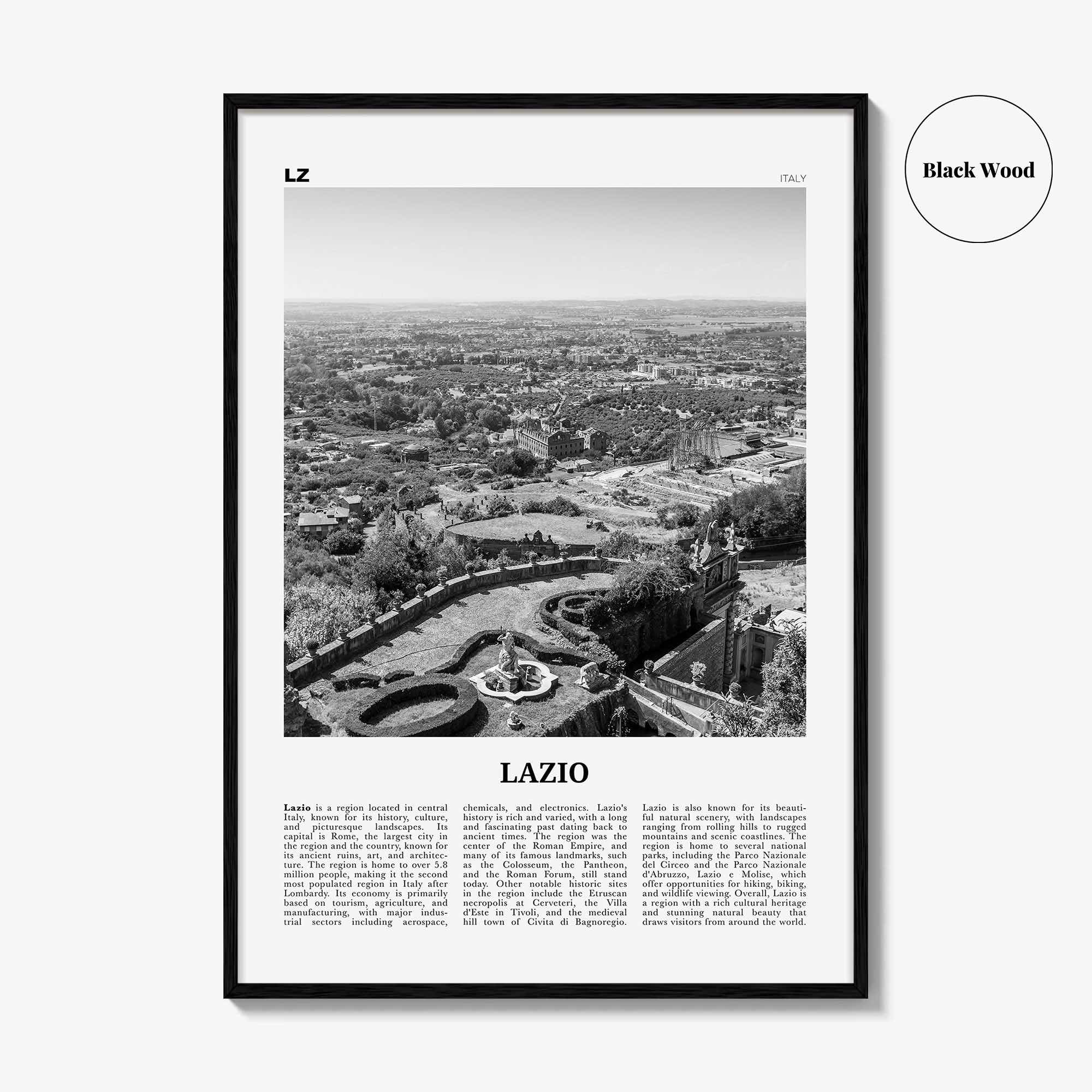 Lazio Print Black and White, Lazio Wall Art, Lazio Poster, Lazio Photo, Lazio Wall Décor, Lazio Map, France