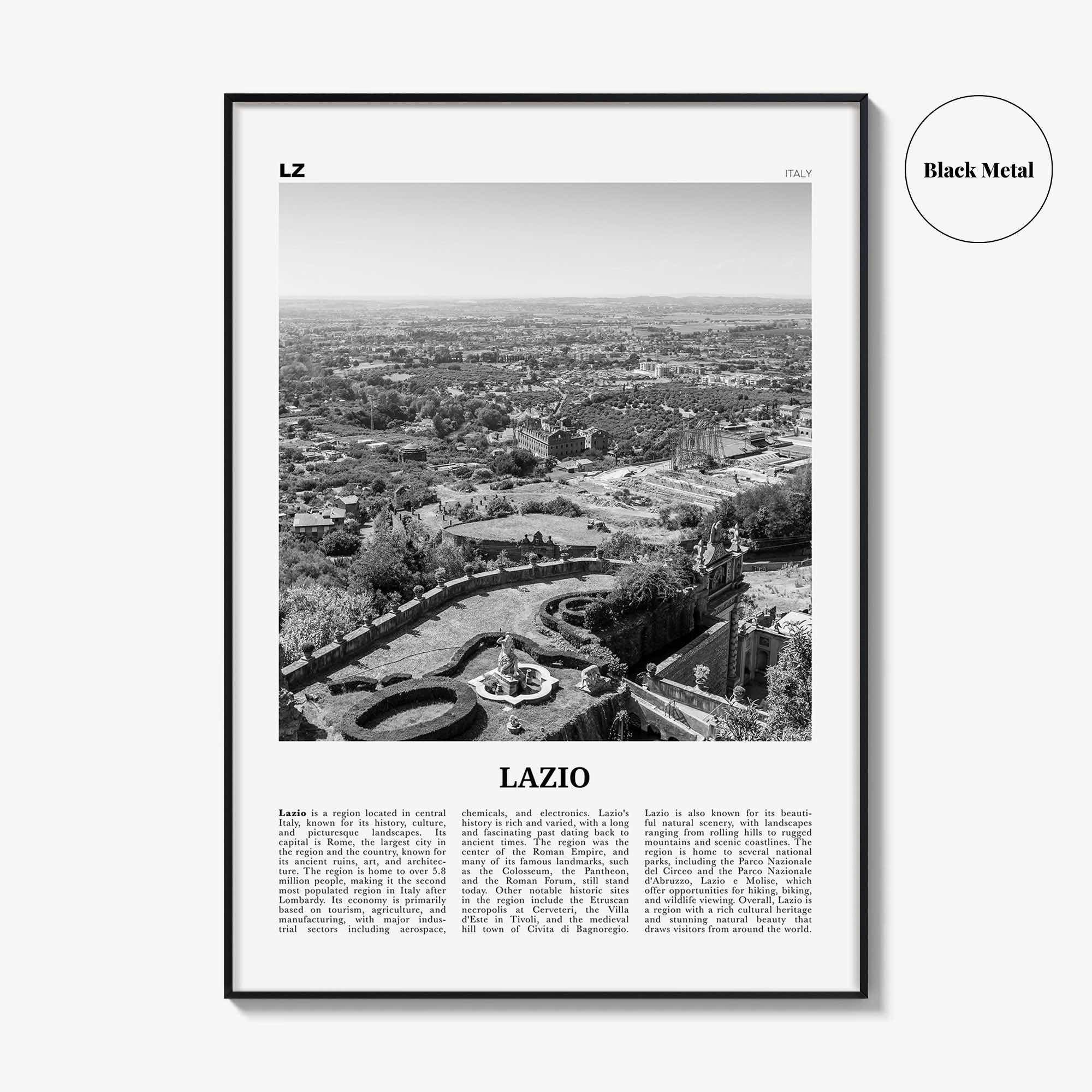Lazio Print Black and White, Lazio Wall Art, Lazio Poster, Lazio Photo, Lazio Wall Décor, Lazio Map, France