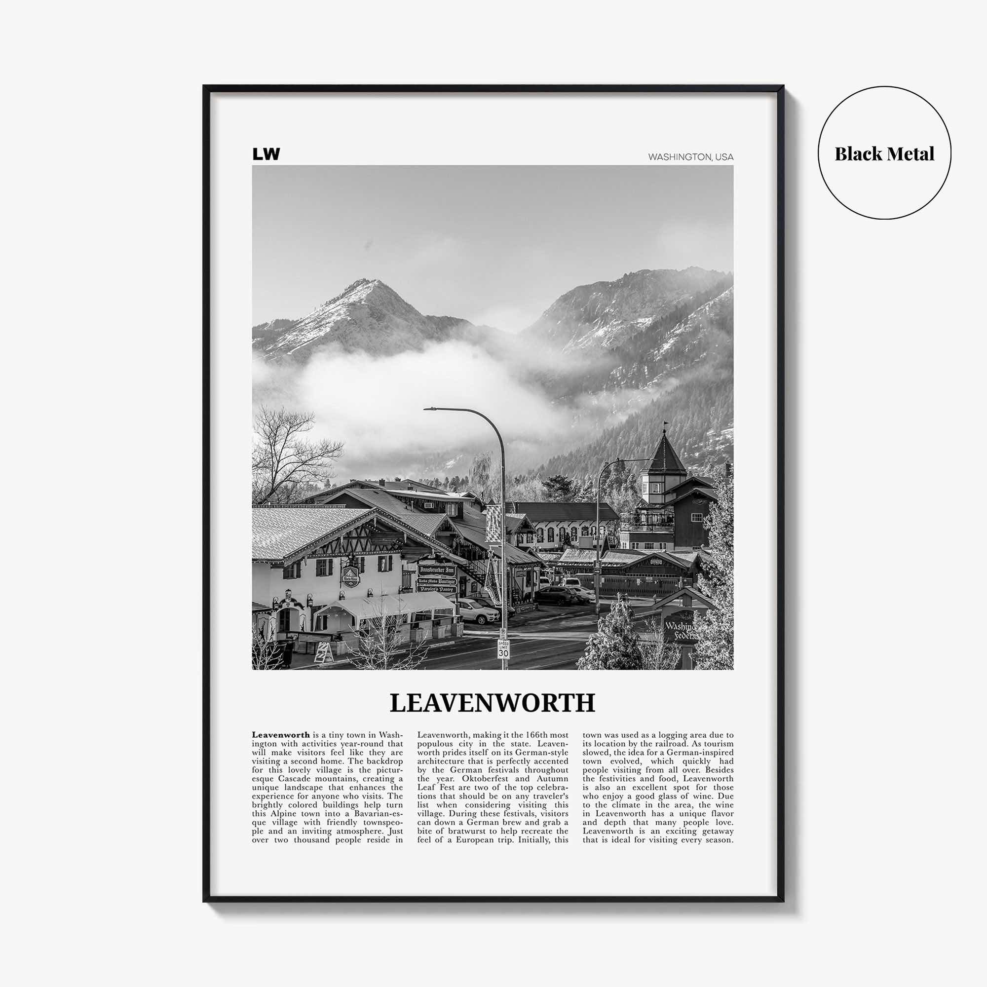 Leavenworth Print Black and White, Leavenworth Wall Art, Leavenworth Poster, Leavenworth Photo, Leavenworth Décor, Washington, USA