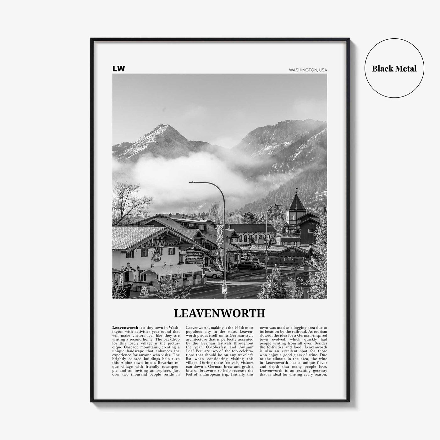 Leavenworth Print Black and White, Leavenworth Wall Art, Leavenworth Poster, Leavenworth Photo, Leavenworth Décor, Washington, USA