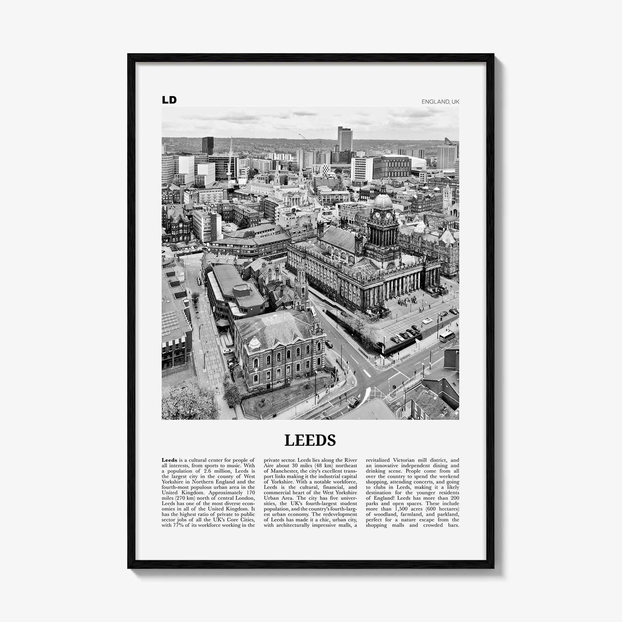 Leeds Print Black and White, Leeds Wall Art, Leeds Poster, Leeds Photo, Yorkshire and the Humber, England, UK, United Kingdom Europe