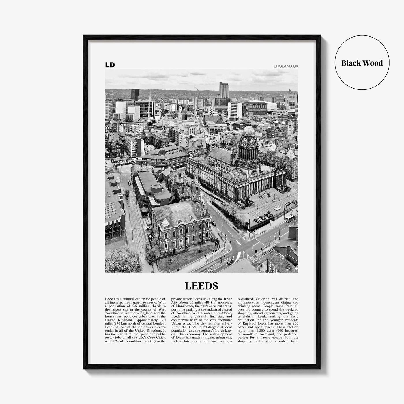 Leeds Print Black and White, Leeds Wall Art, Leeds Poster, Leeds Photo, Yorkshire and the Humber, England, UK, United Kingdom Europe