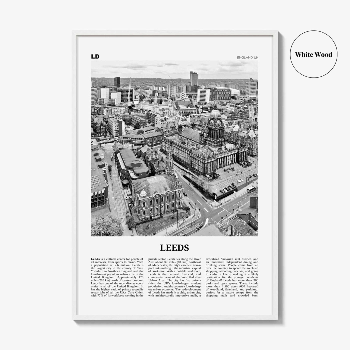 Leeds Print Black and White, Leeds Wall Art, Leeds Poster, Leeds Photo, Yorkshire and the Humber, England, UK, United Kingdom Europe