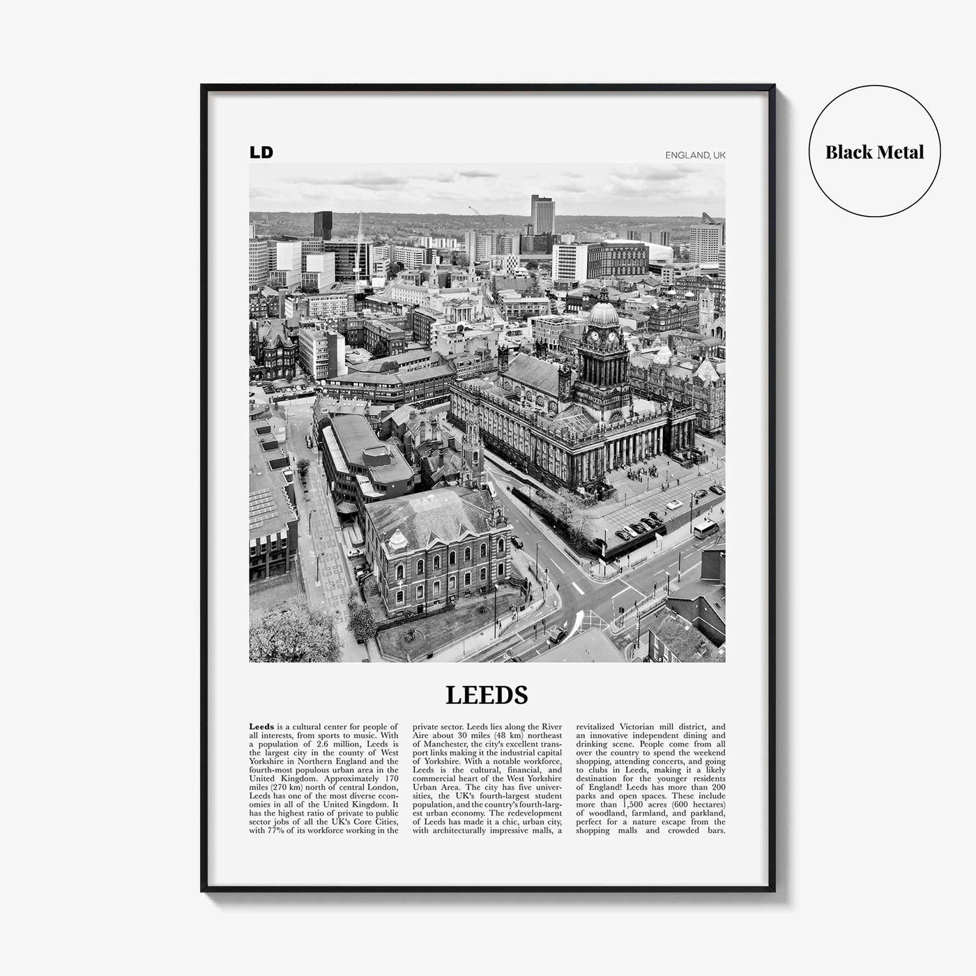 Leeds Print Black and White, Leeds Wall Art, Leeds Poster, Leeds Photo, Yorkshire and the Humber, England, UK, United Kingdom Europe