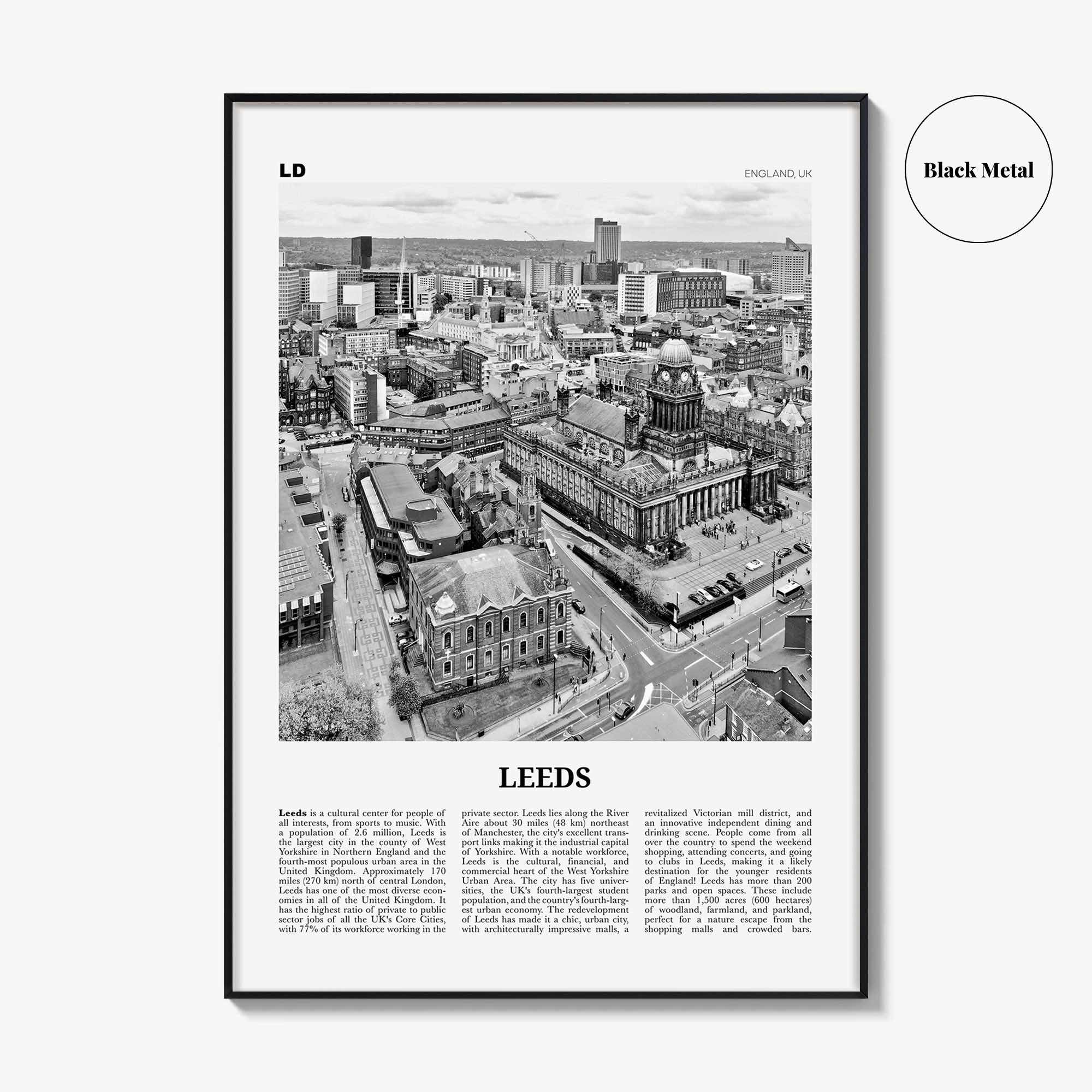 Leeds Print Black and White, Leeds Wall Art, Leeds Poster, Leeds Photo, Yorkshire and the Humber, England, UK, United Kingdom Europe