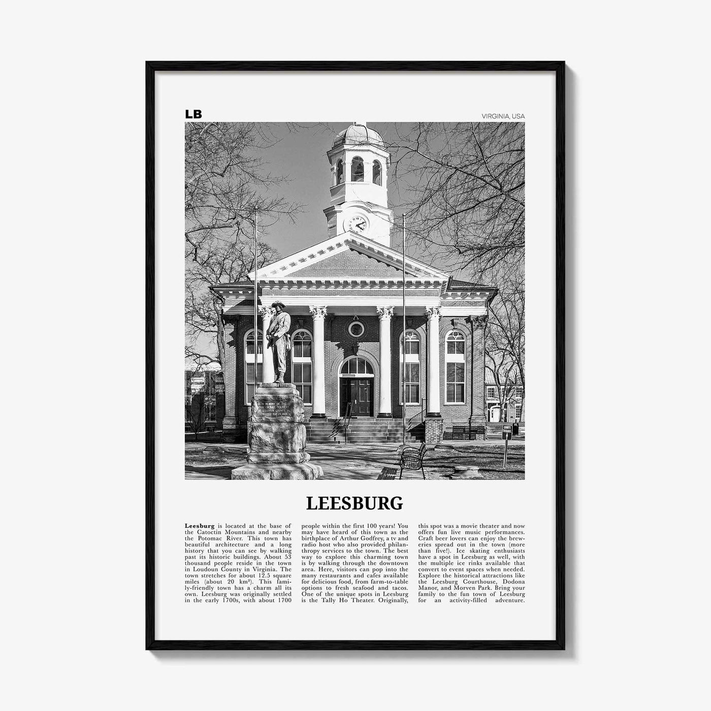 Leesburg Print Black and White, Leesburg Wall Art, Leesburg Poster, Leesburg Photo, Leesburg Wall Décor, Leesburg Map, Virginia, USA