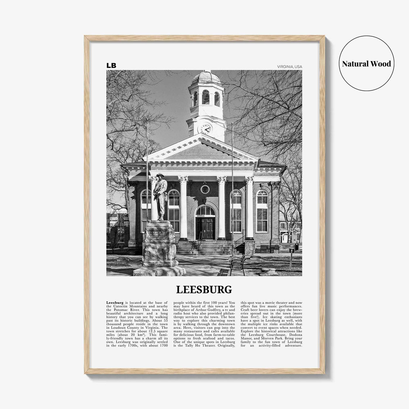Leesburg Print Black and White, Leesburg Wall Art, Leesburg Poster, Leesburg Photo, Leesburg Wall Décor, Leesburg Map, Virginia, USA
