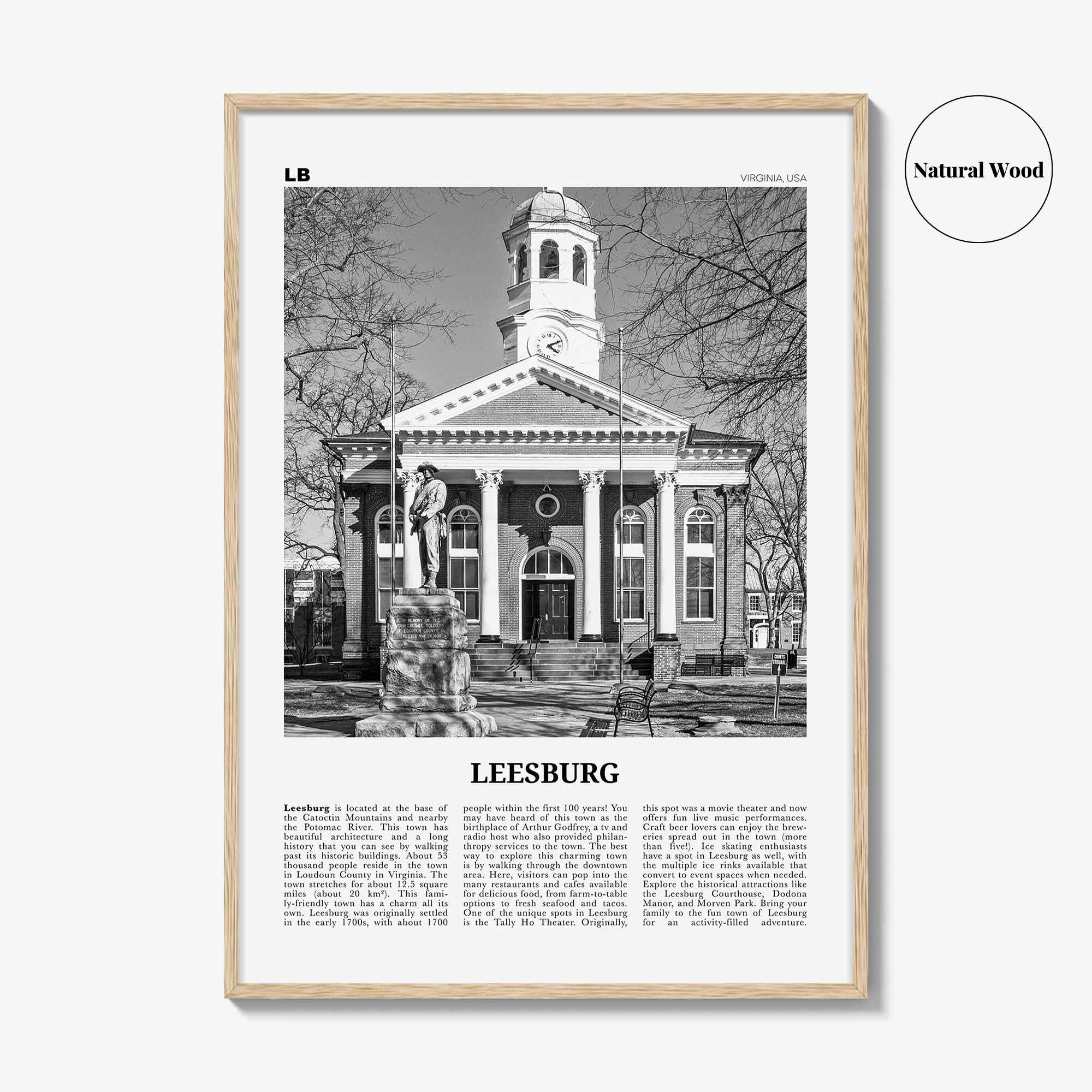 Leesburg Print Black and White, Leesburg Wall Art, Leesburg Poster, Leesburg Photo, Leesburg Wall Décor, Leesburg Map, Virginia, USA