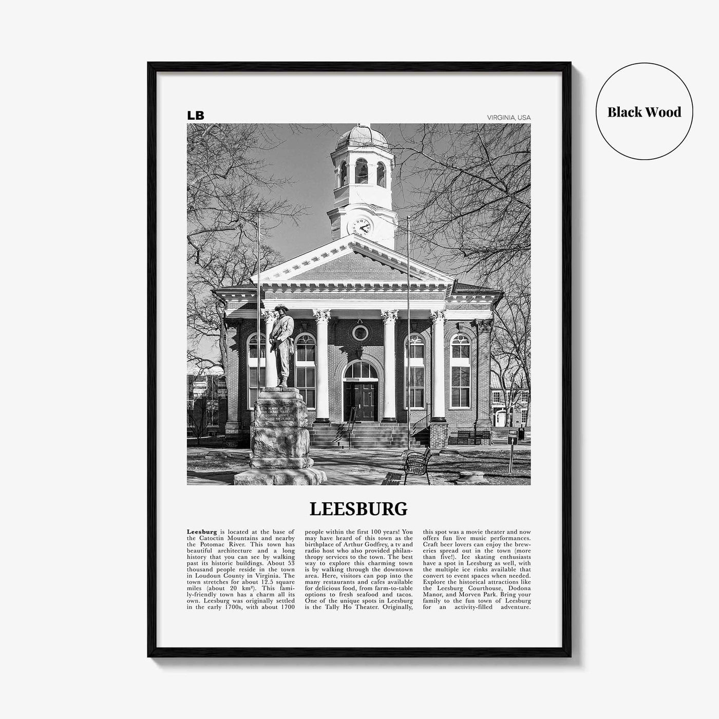 Leesburg Print Black and White, Leesburg Wall Art, Leesburg Poster, Leesburg Photo, Leesburg Wall Décor, Leesburg Map, Virginia, USA