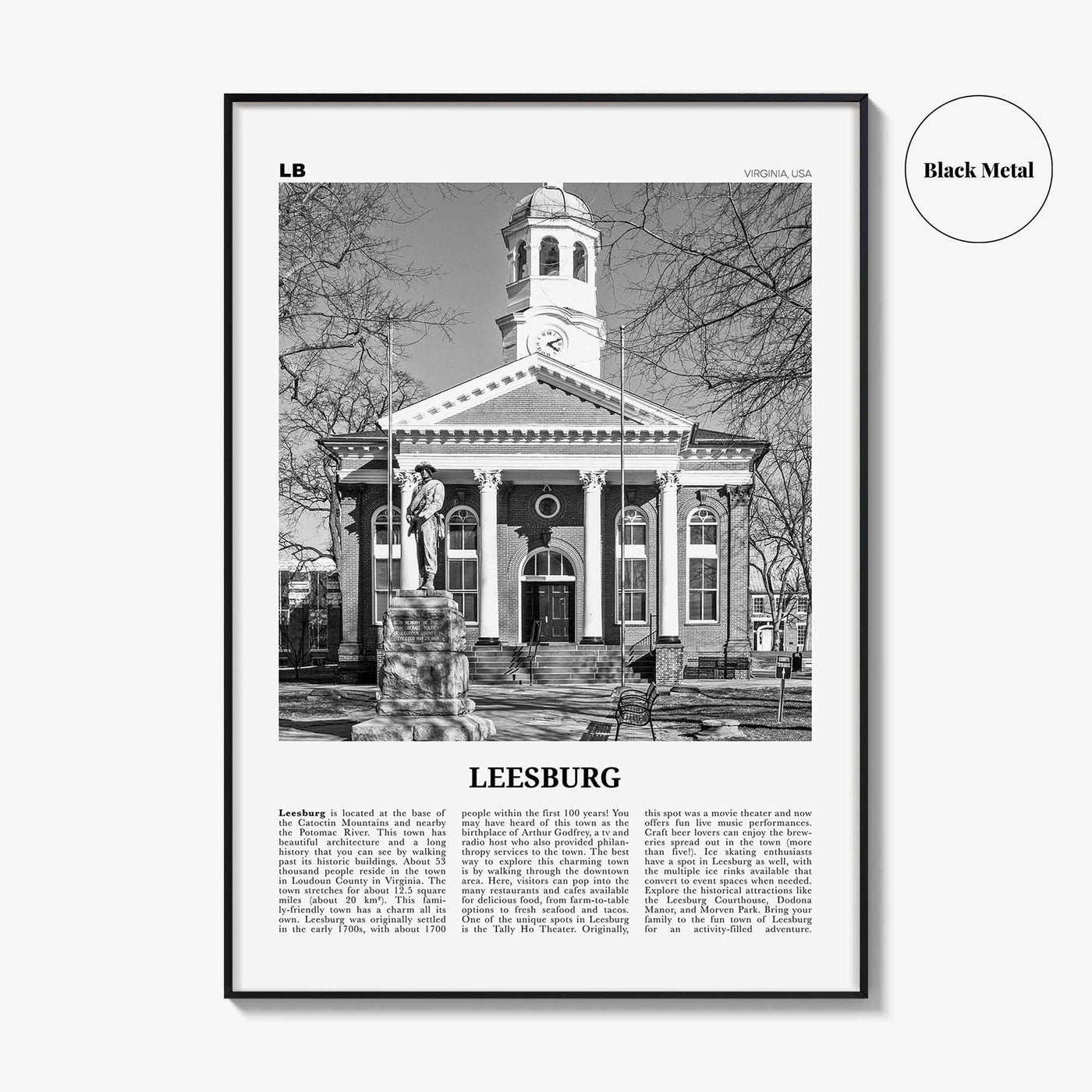 Leesburg Print Black and White, Leesburg Wall Art, Leesburg Poster, Leesburg Photo, Leesburg Wall Décor, Leesburg Map, Virginia, USA