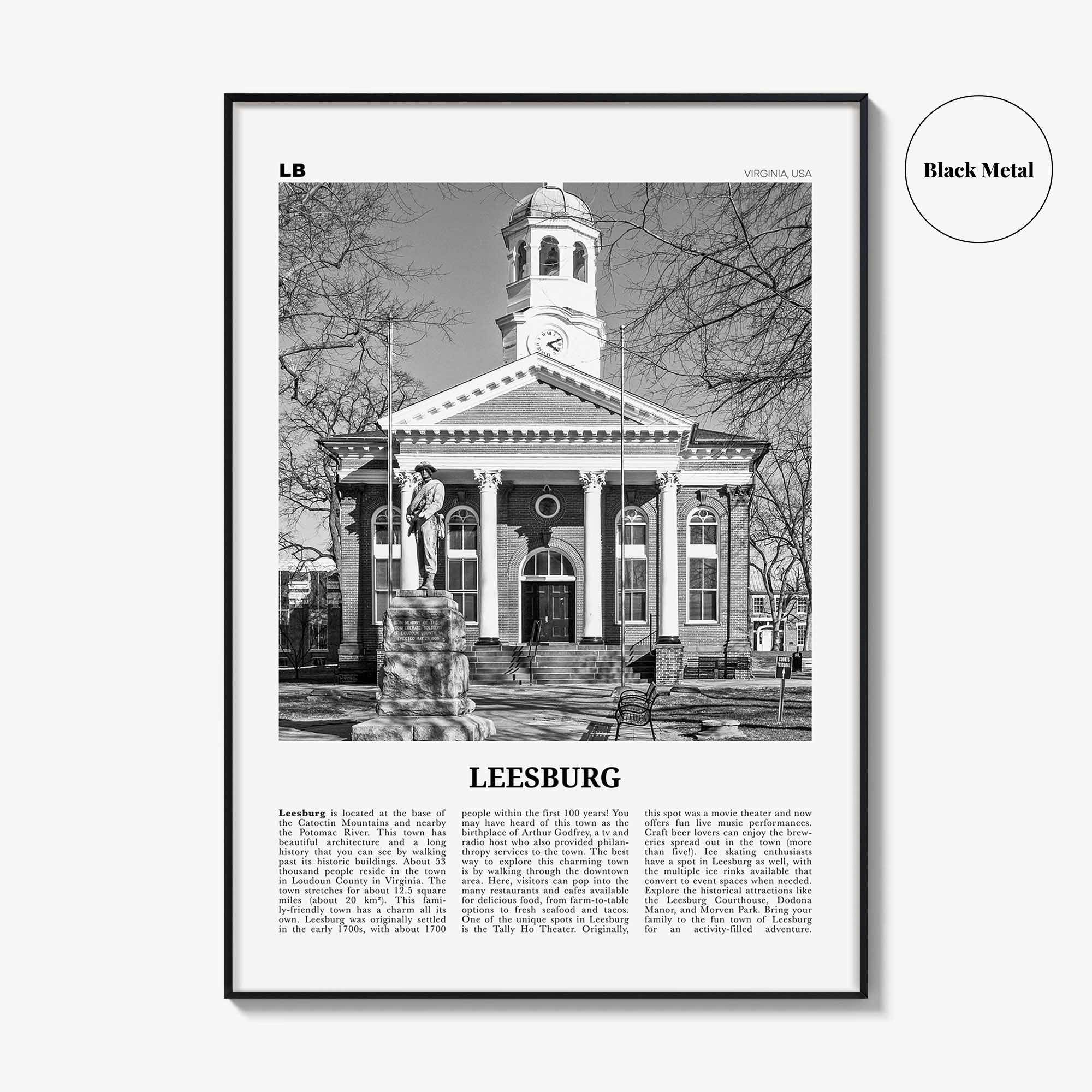 Leesburg Print Black and White, Leesburg Wall Art, Leesburg Poster, Leesburg Photo, Leesburg Wall Décor, Leesburg Map, Virginia, USA