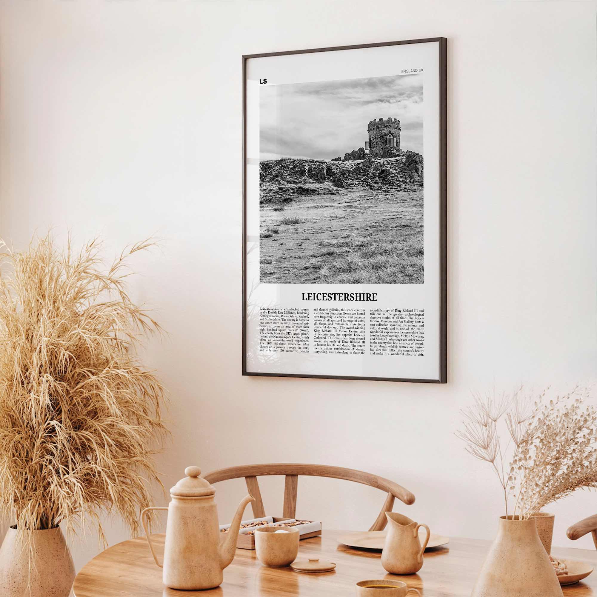 Leicestershire Print Black and White, Leicestershire Wall Art, Leicestershire Poster, Leicestershire Photo, Leicestershire Map, England, UK