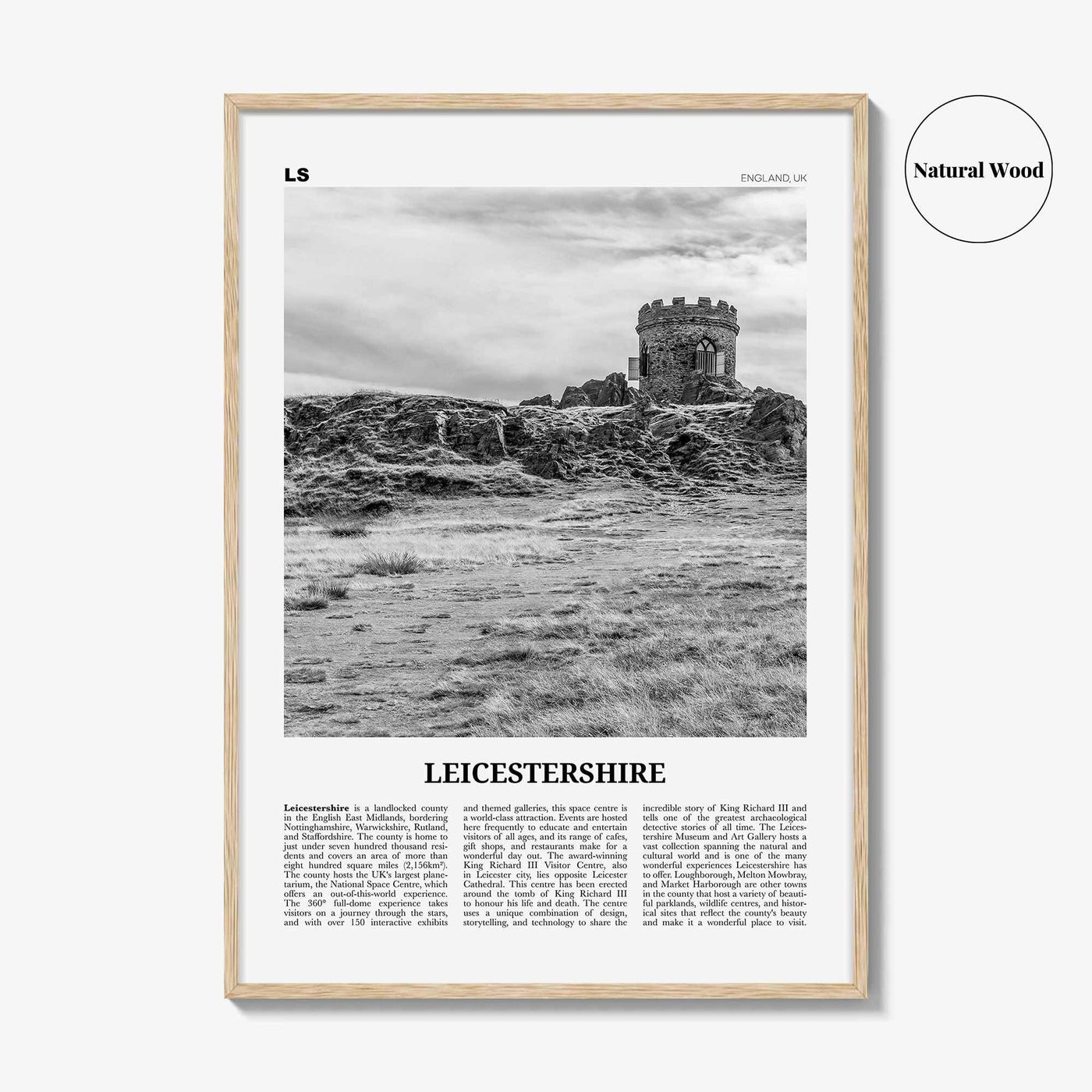 Leicestershire Print Black and White, Leicestershire Wall Art, Leicestershire Poster, Leicestershire Photo, Leicestershire Map, England, UK