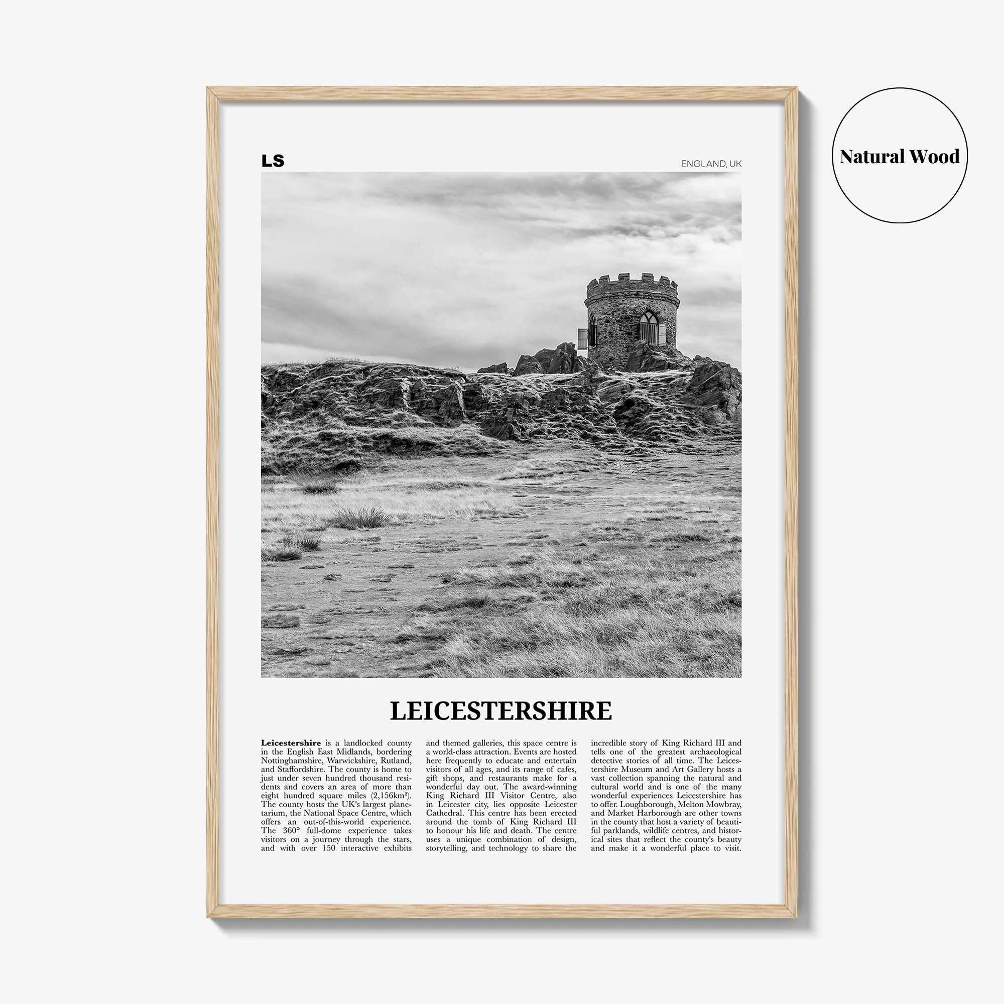 Leicestershire Print Black and White, Leicestershire Wall Art, Leicestershire Poster, Leicestershire Photo, Leicestershire Map, England, UK