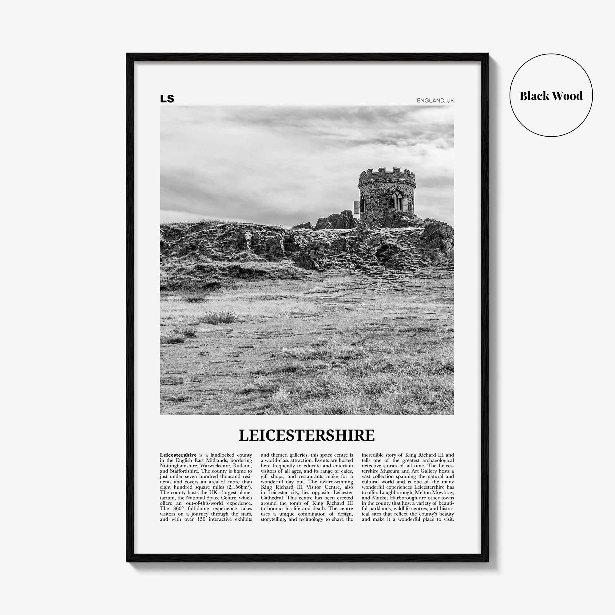 Leicestershire Print Black and White, Leicestershire Wall Art, Leicestershire Poster, Leicestershire Photo, Leicestershire Map, England, UK