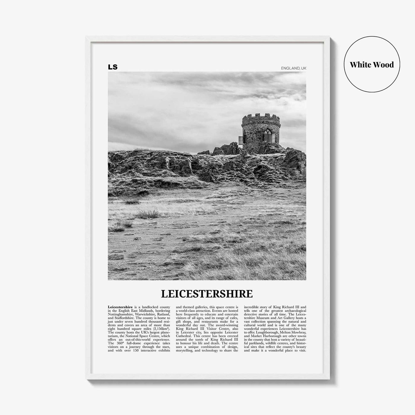 Leicestershire Print Black and White, Leicestershire Wall Art, Leicestershire Poster, Leicestershire Photo, Leicestershire Map, England, UK