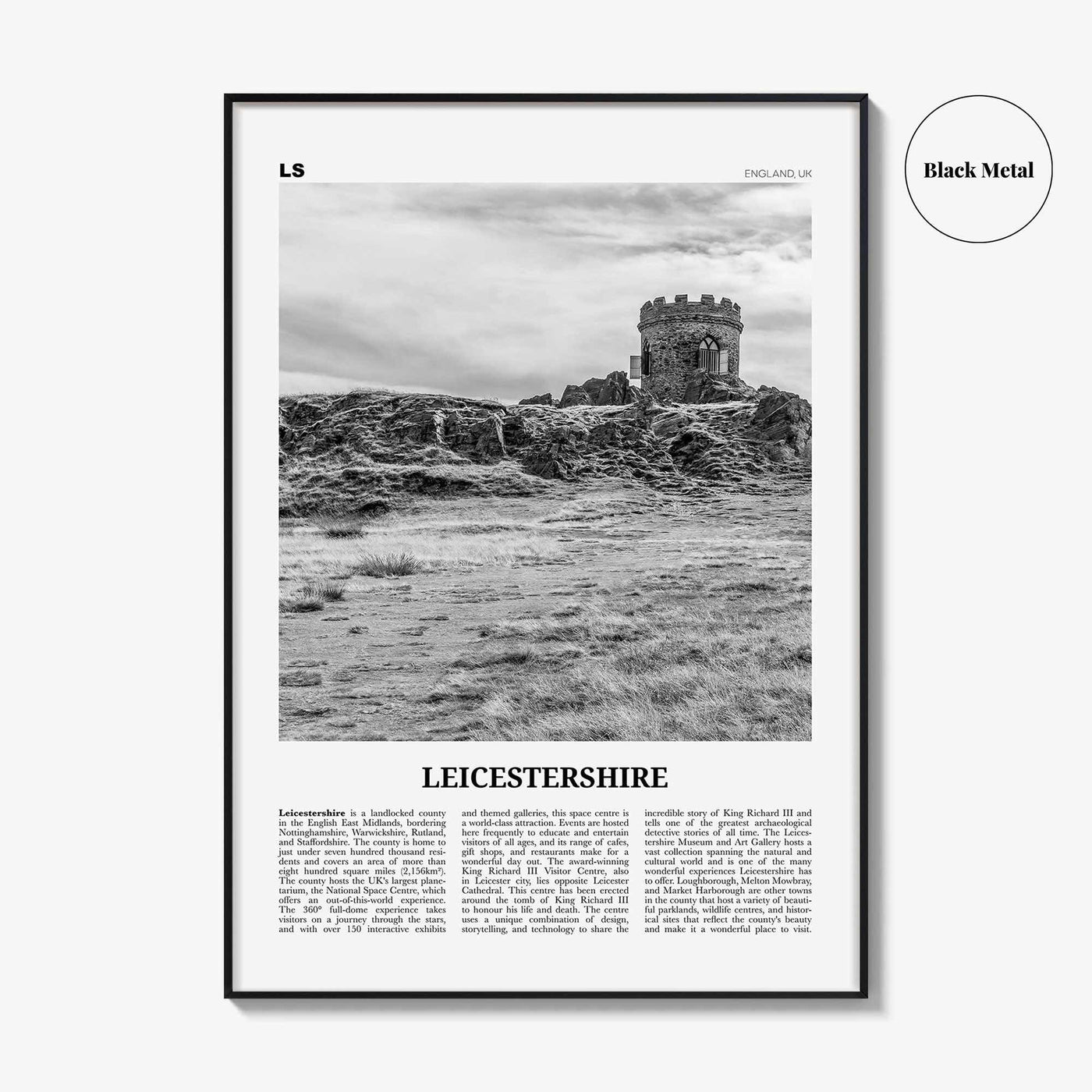 Leicestershire Print Black and White, Leicestershire Wall Art, Leicestershire Poster, Leicestershire Photo, Leicestershire Map, England, UK