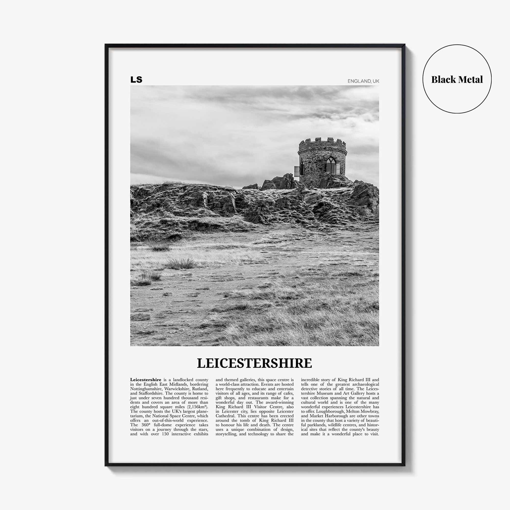 Leicestershire Print Black and White, Leicestershire Wall Art, Leicestershire Poster, Leicestershire Photo, Leicestershire Map, England, UK