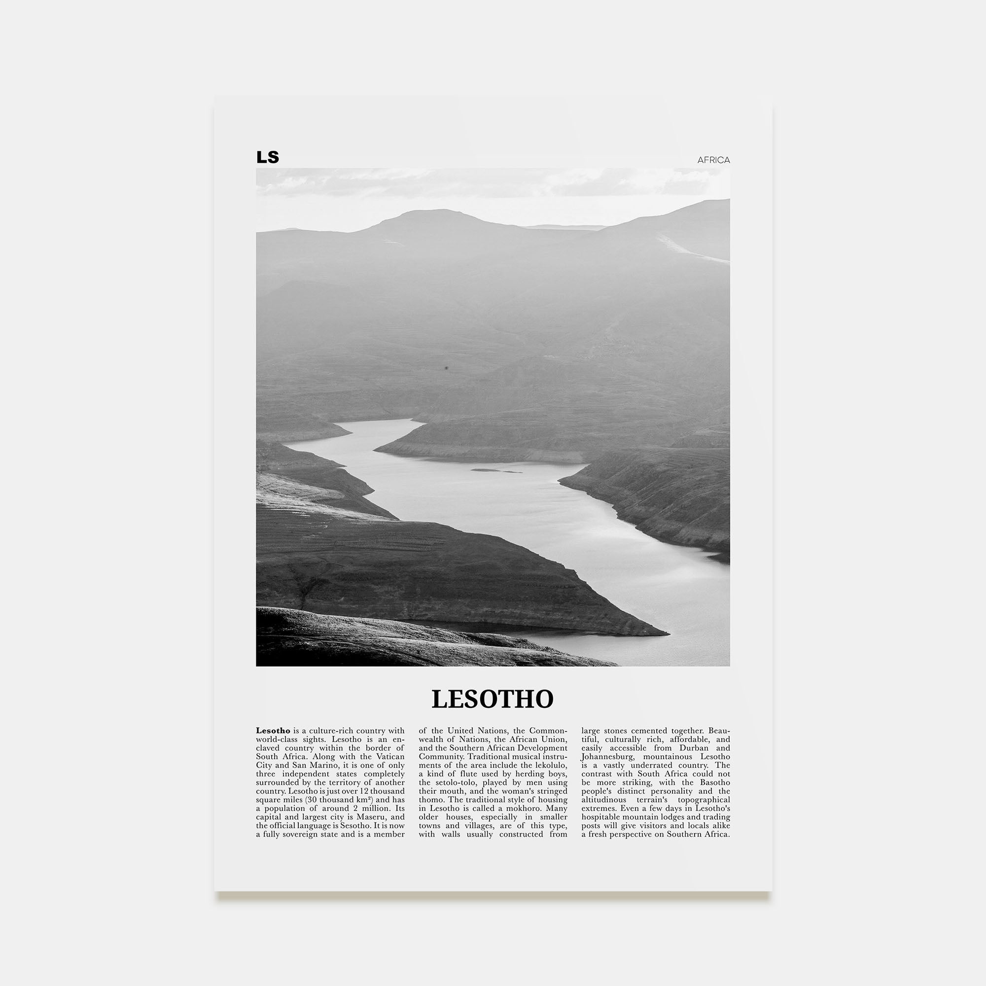 Lesotho Travel B&W Poster