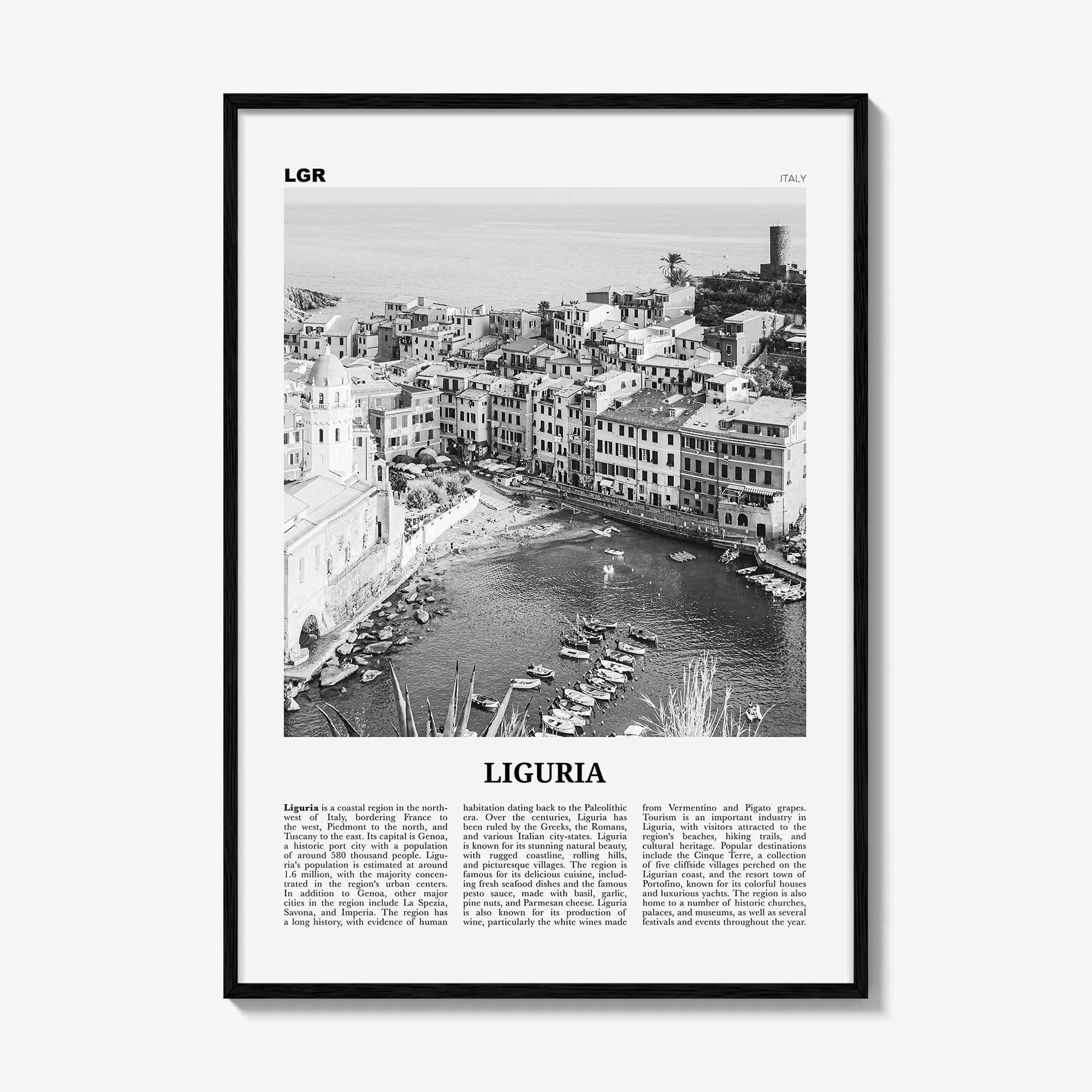 Liguria Print Black and White, Liguria Wall Art, Liguria Poster, Liguria Photo, Liguria Wall Décor, Liguria Map, Italy