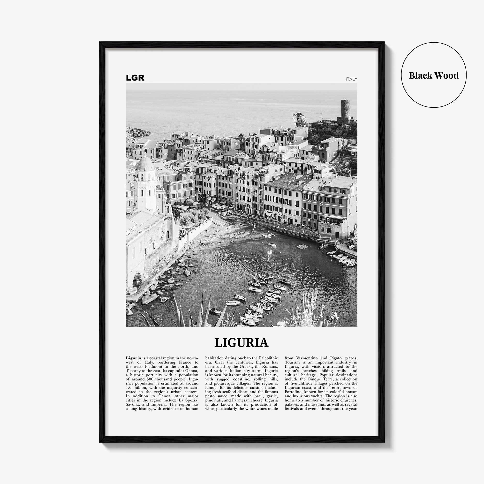 Liguria Print Black and White, Liguria Wall Art, Liguria Poster, Liguria Photo, Liguria Wall Décor, Liguria Map, Italy