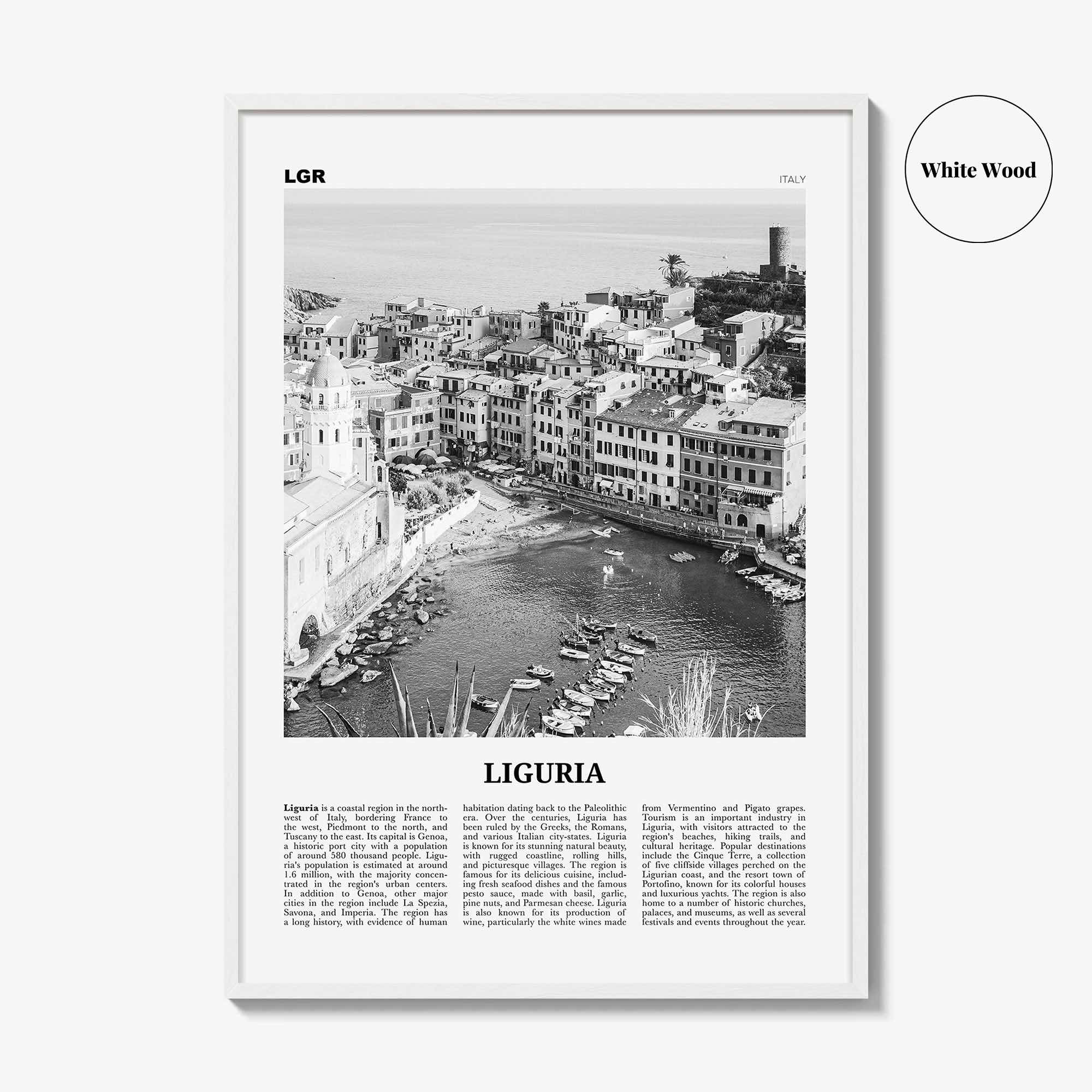 Liguria Print Black and White, Liguria Wall Art, Liguria Poster, Liguria Photo, Liguria Wall Décor, Liguria Map, Italy