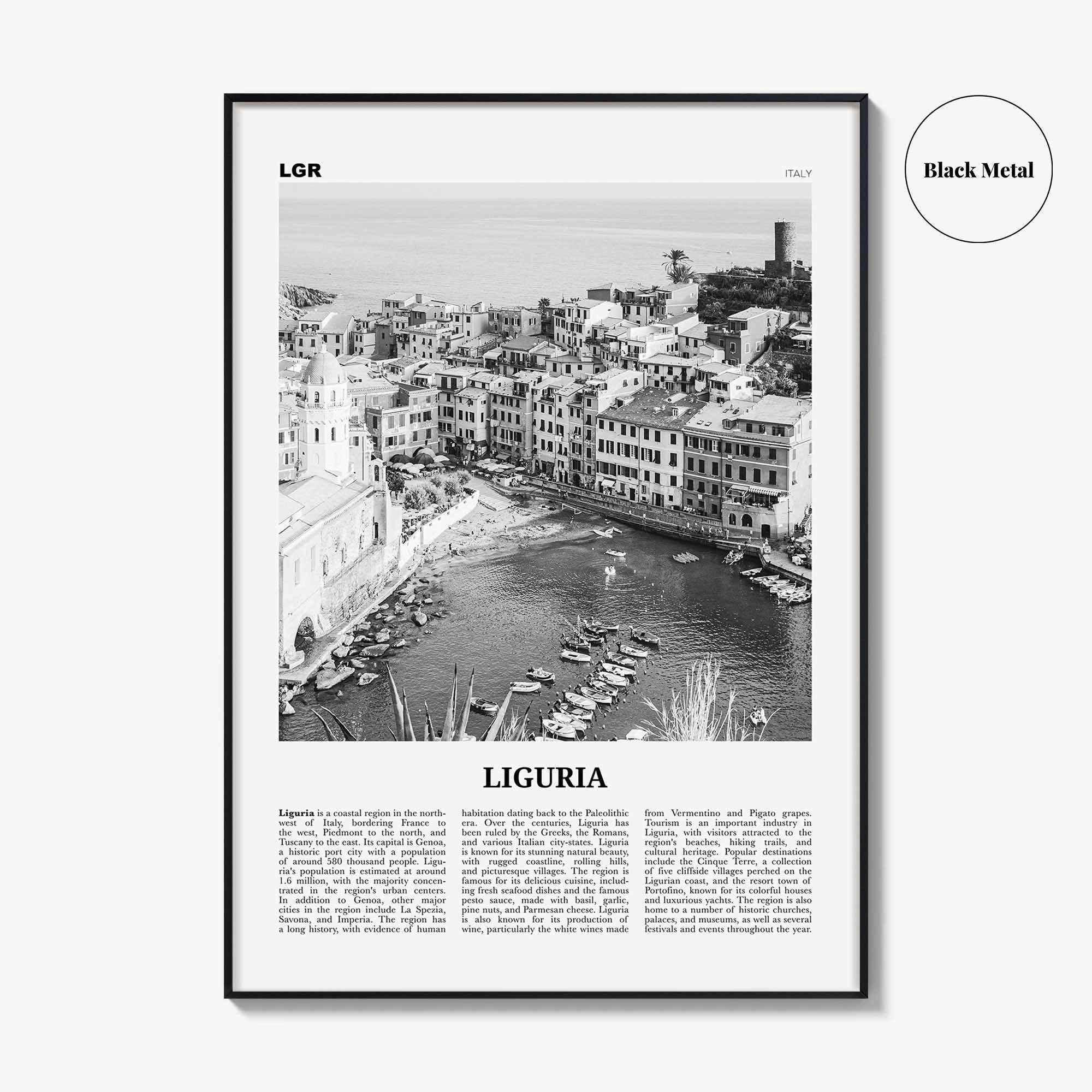 Liguria Print Black and White, Liguria Wall Art, Liguria Poster, Liguria Photo, Liguria Wall Décor, Liguria Map, Italy