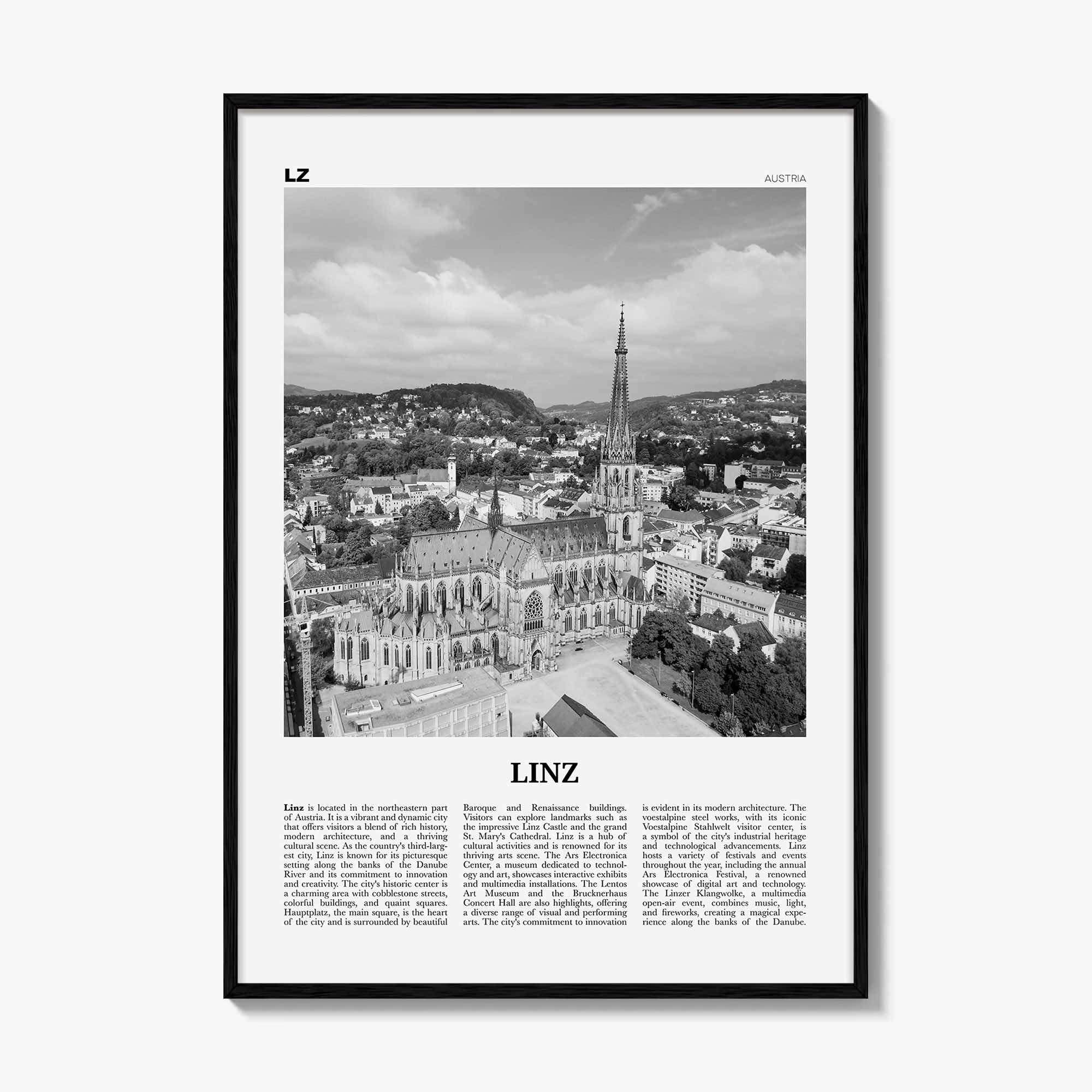 Linz Print Black and White, Linz Wall Art, Linz Poster, Linz Photo, Linz Wall Décor, Linz Map, Austria