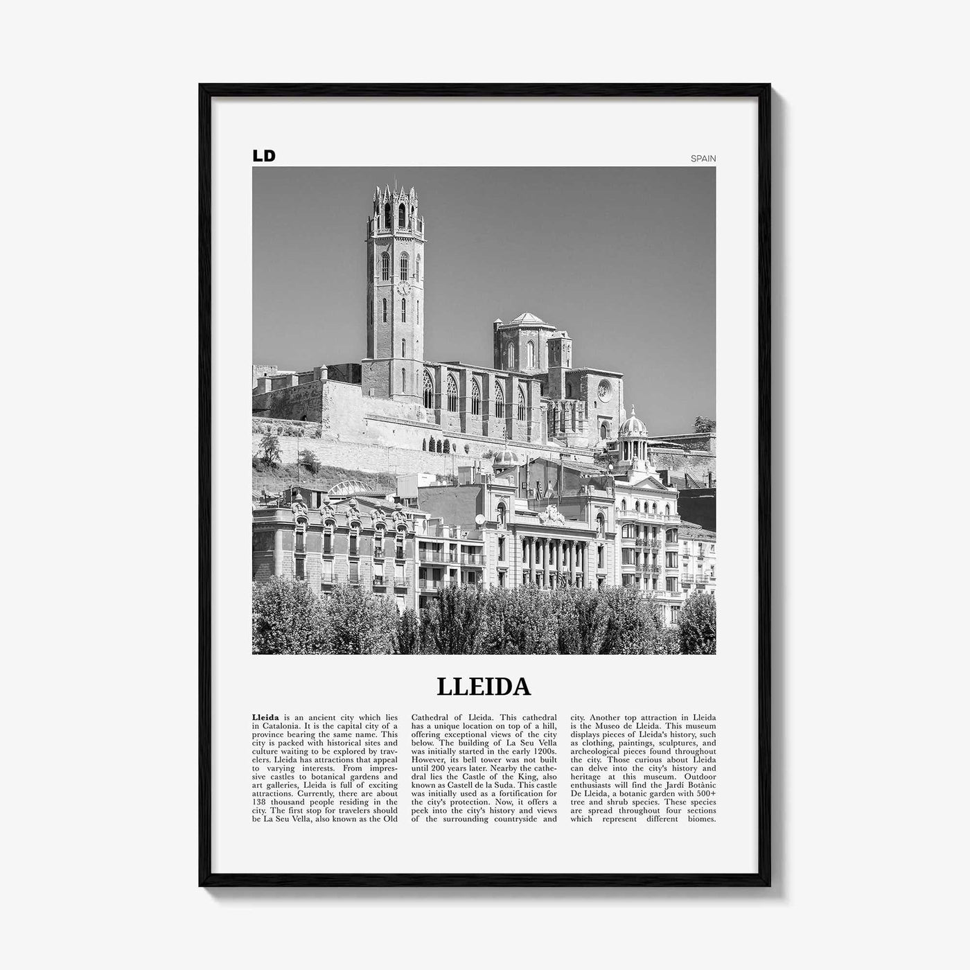 Lleida Print Black and White, Lleida Wall Art, Lleida Poster, Lleida Photo, Lleida Wall Décor, Lleida Map, Spain