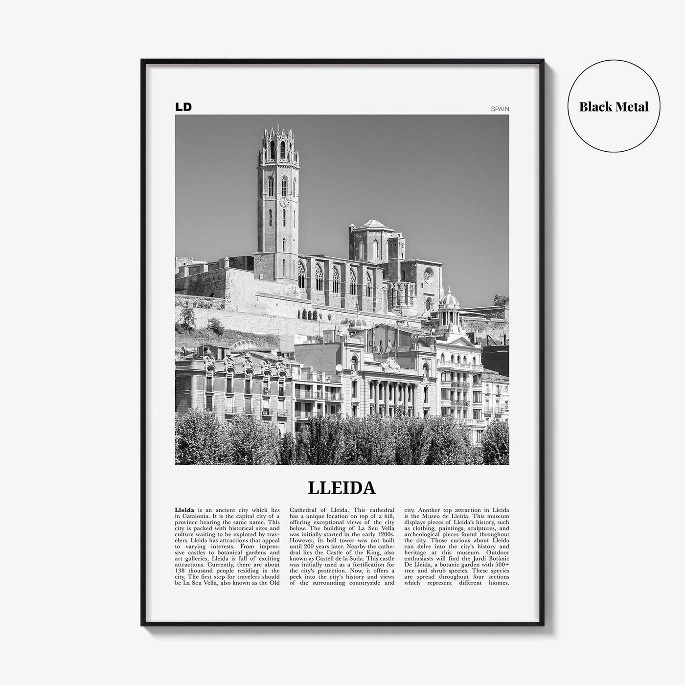 Lleida Print Black and White, Lleida Wall Art, Lleida Poster, Lleida Photo, Lleida Wall Décor, Lleida Map, Spain
