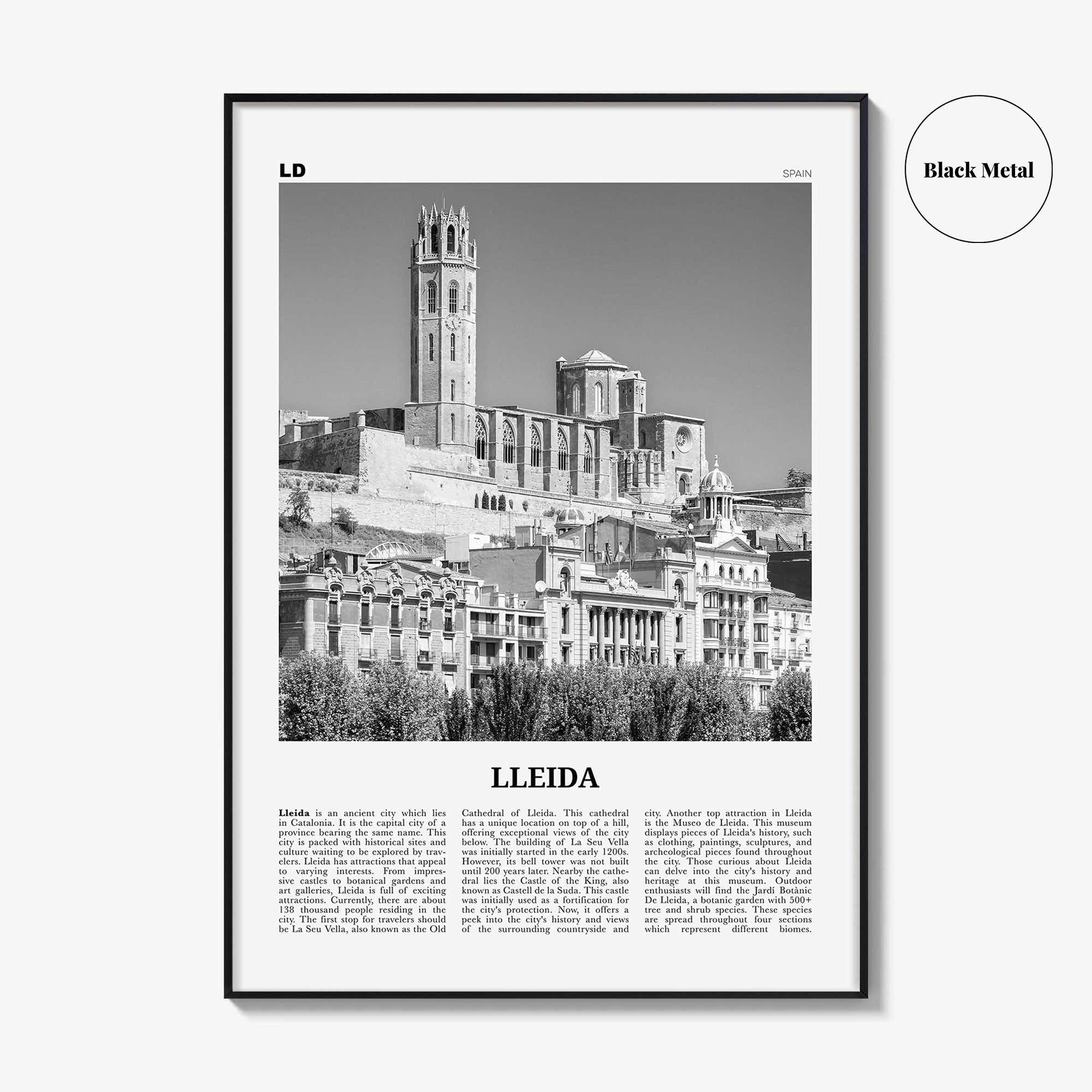 Lleida Print Black and White, Lleida Wall Art, Lleida Poster, Lleida Photo, Lleida Wall Décor, Lleida Map, Spain